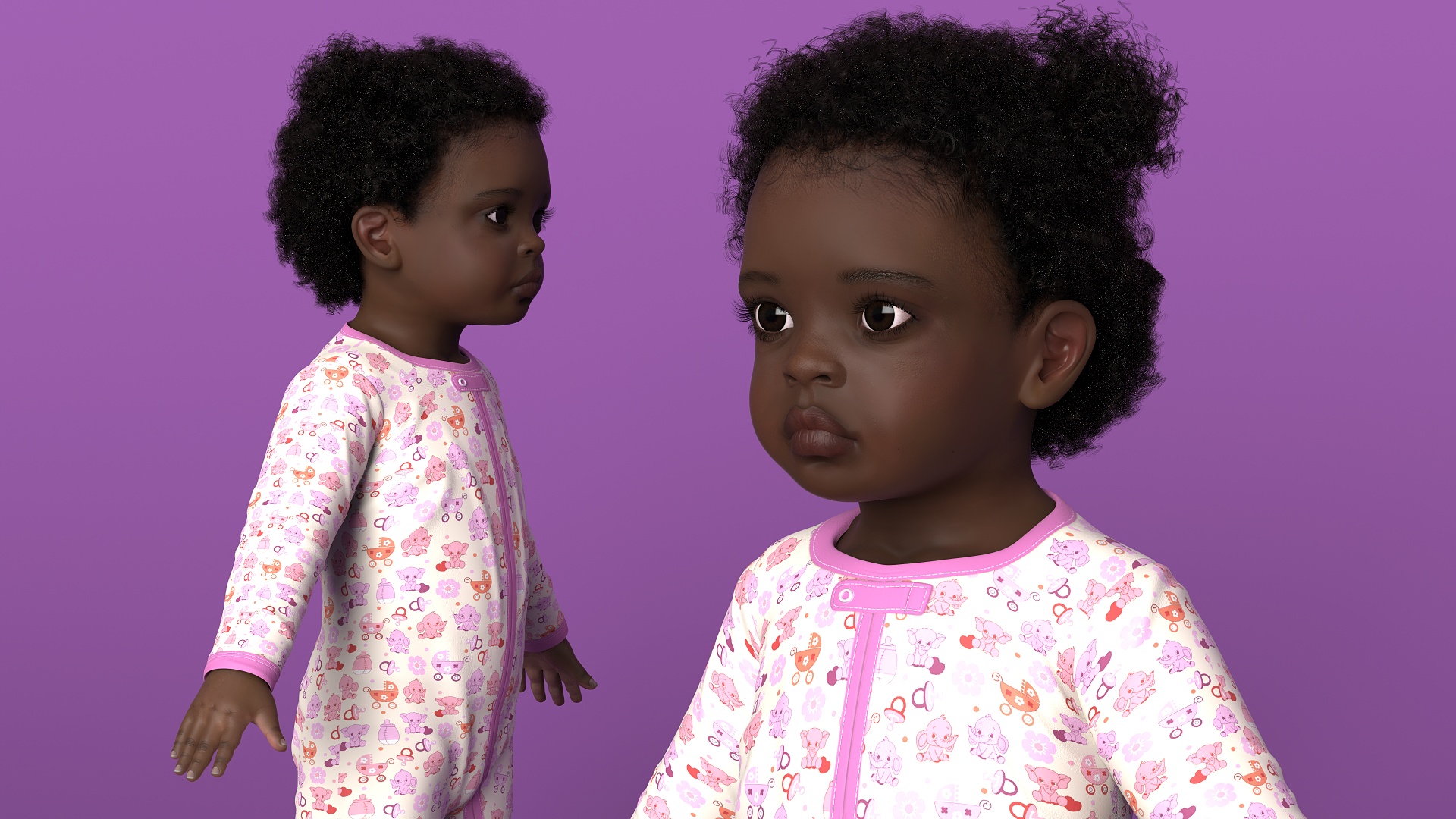 3D Black Baby Girl Wearing Full Bodysuit A-Pose Fur model