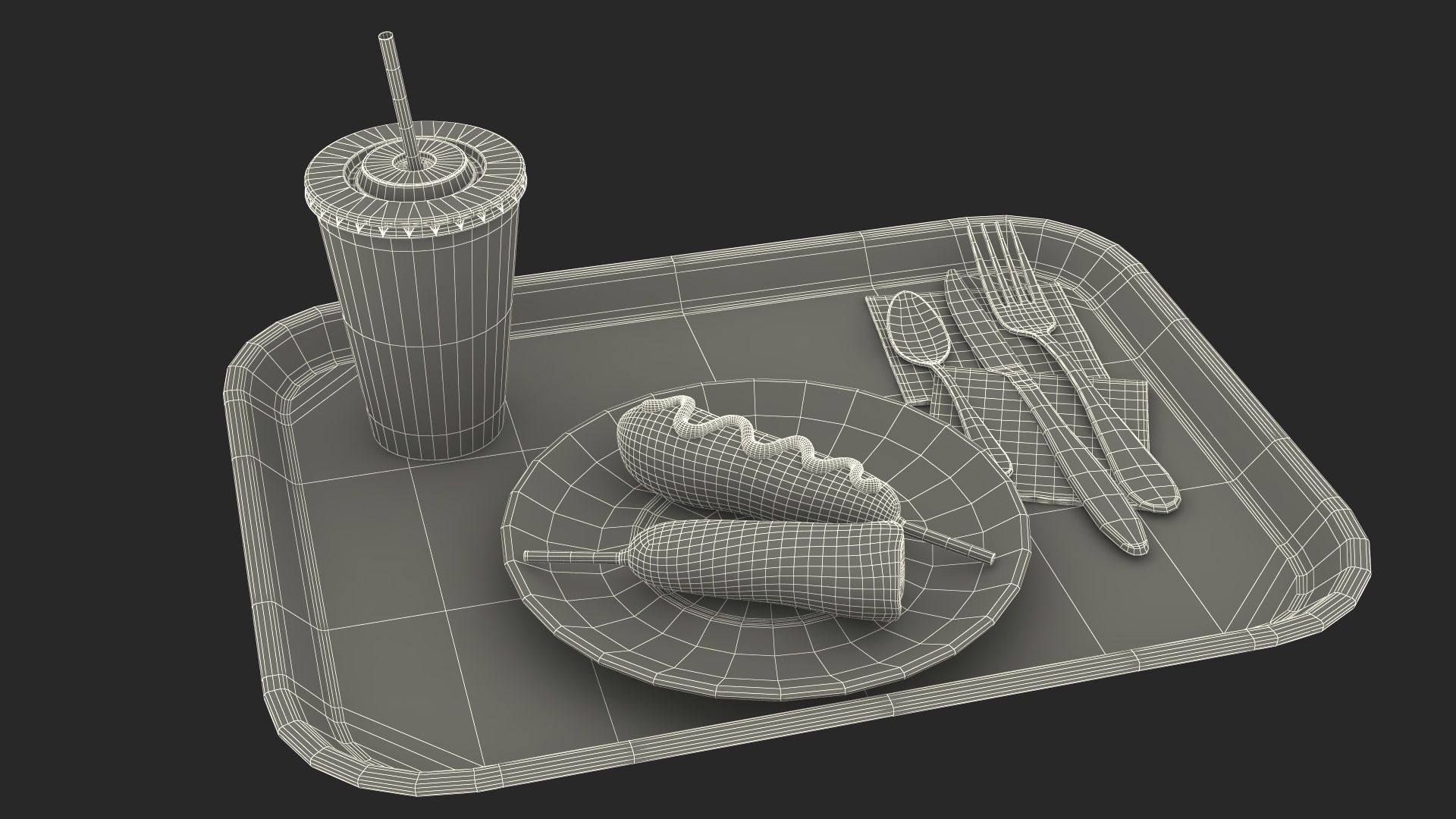 Fast Food Tray with Corn Dogs and Beverage 3D