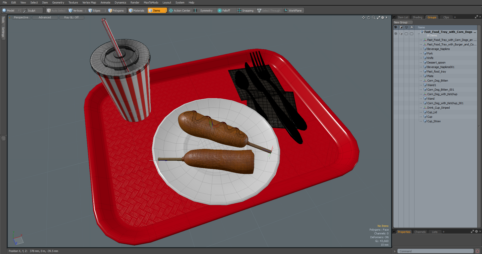 Fast Food Tray with Corn Dogs and Beverage 3D
