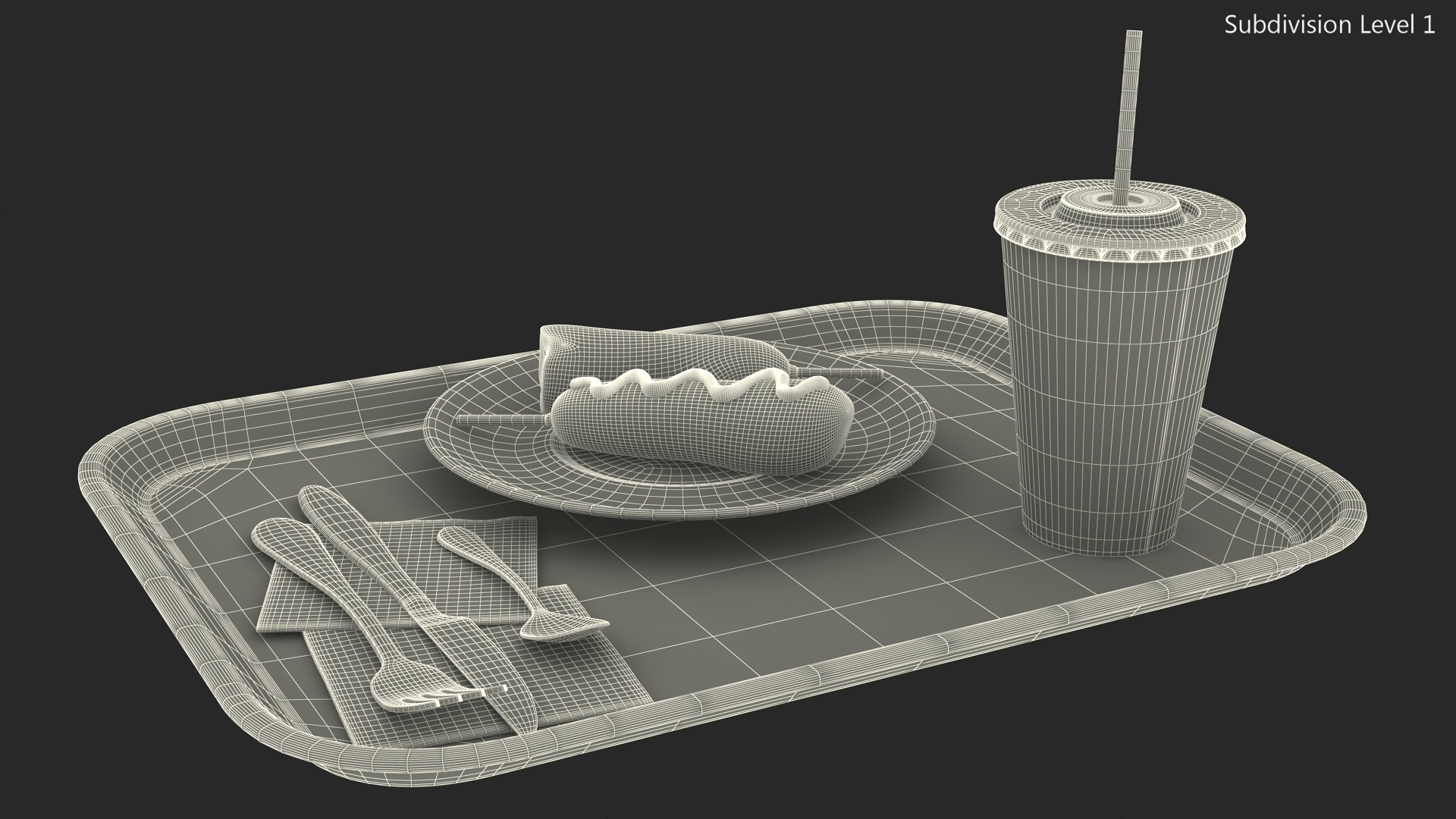 Fast Food Tray with Corn Dogs and Beverage 3D