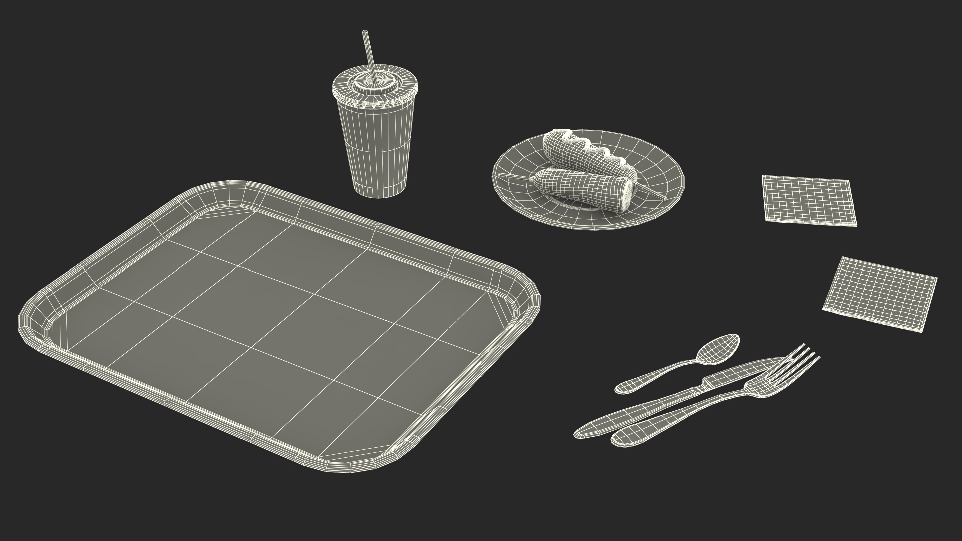 Fast Food Tray with Corn Dogs and Beverage 3D