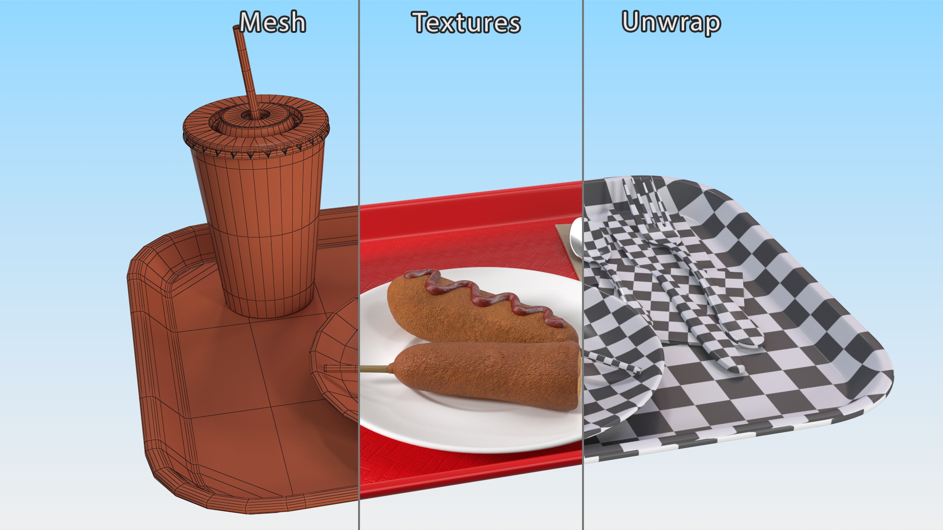 Fast Food Tray with Corn Dogs and Beverage 3D