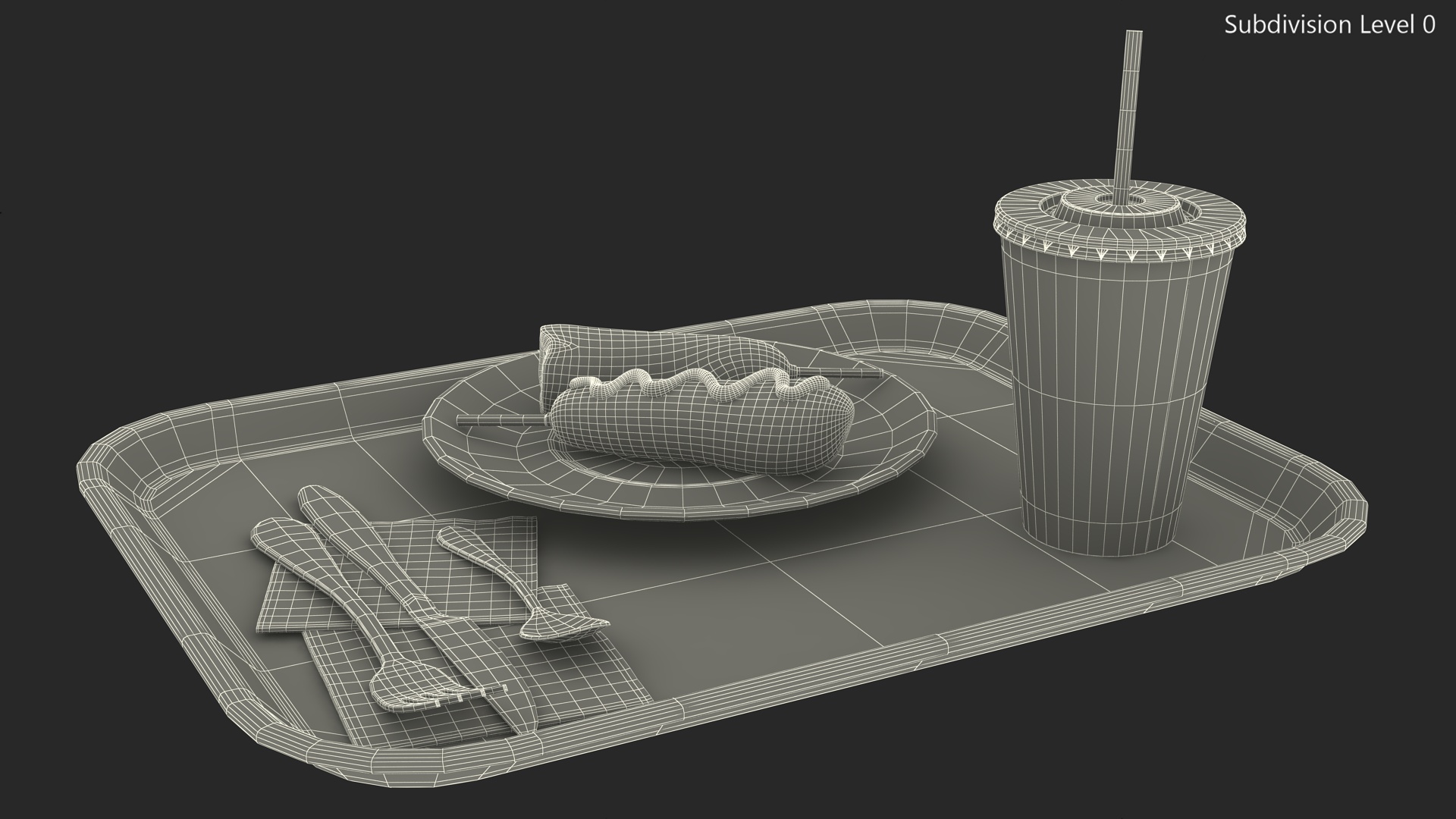 Fast Food Tray with Corn Dogs and Beverage 3D