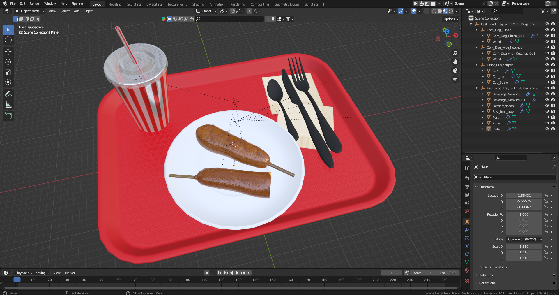 Fast Food Tray with Corn Dogs and Beverage 3D