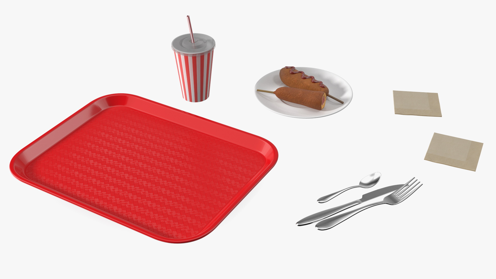 Fast Food Tray with Corn Dogs and Beverage 3D
