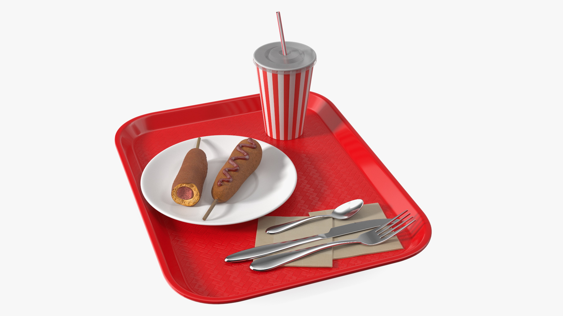 Fast Food Tray with Corn Dogs and Beverage 3D