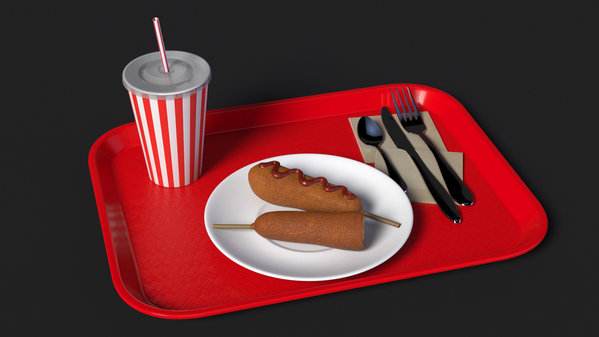 Fast Food Tray with Corn Dogs and Beverage 3D