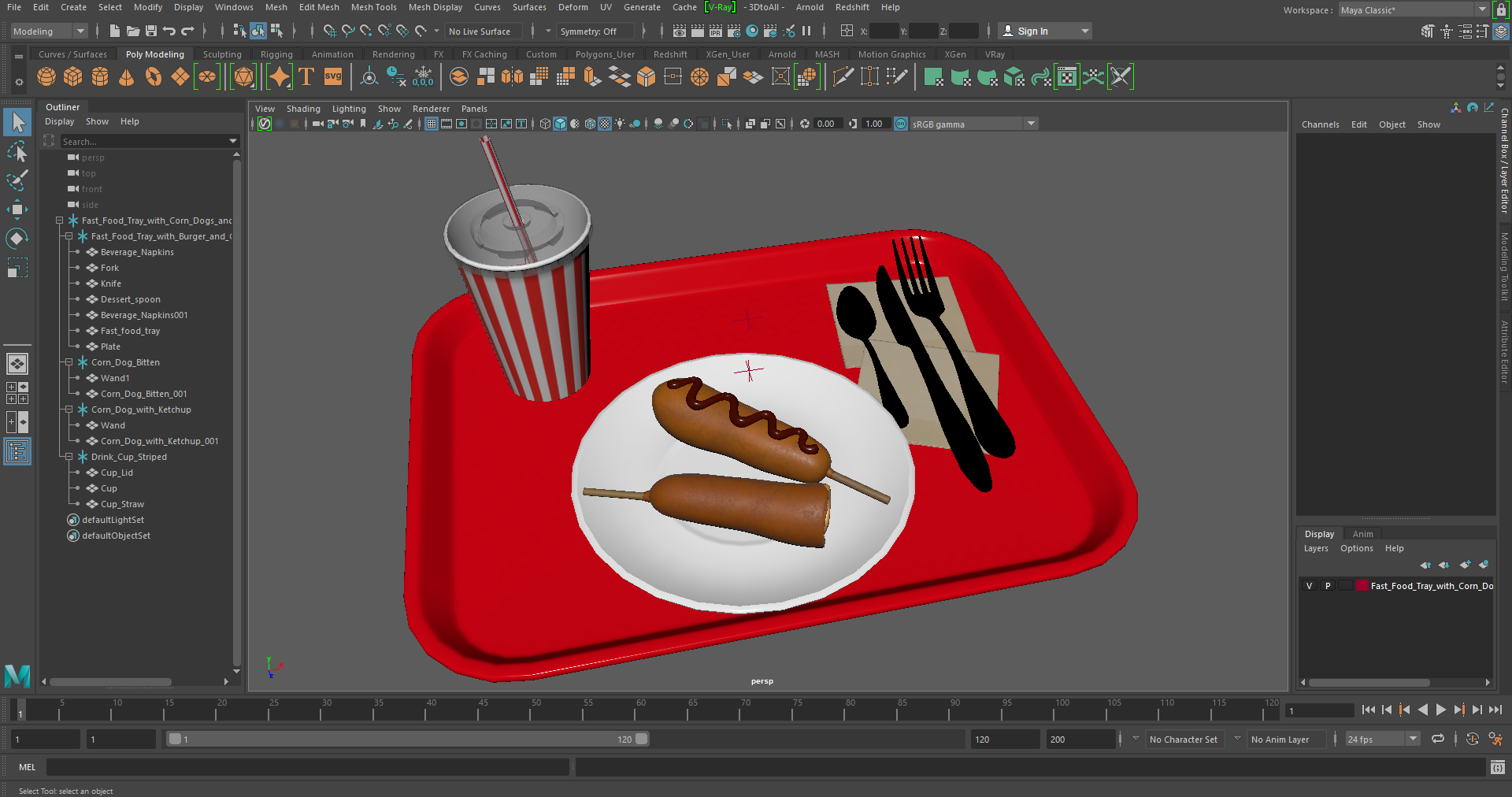 Fast Food Tray with Corn Dogs and Beverage 3D