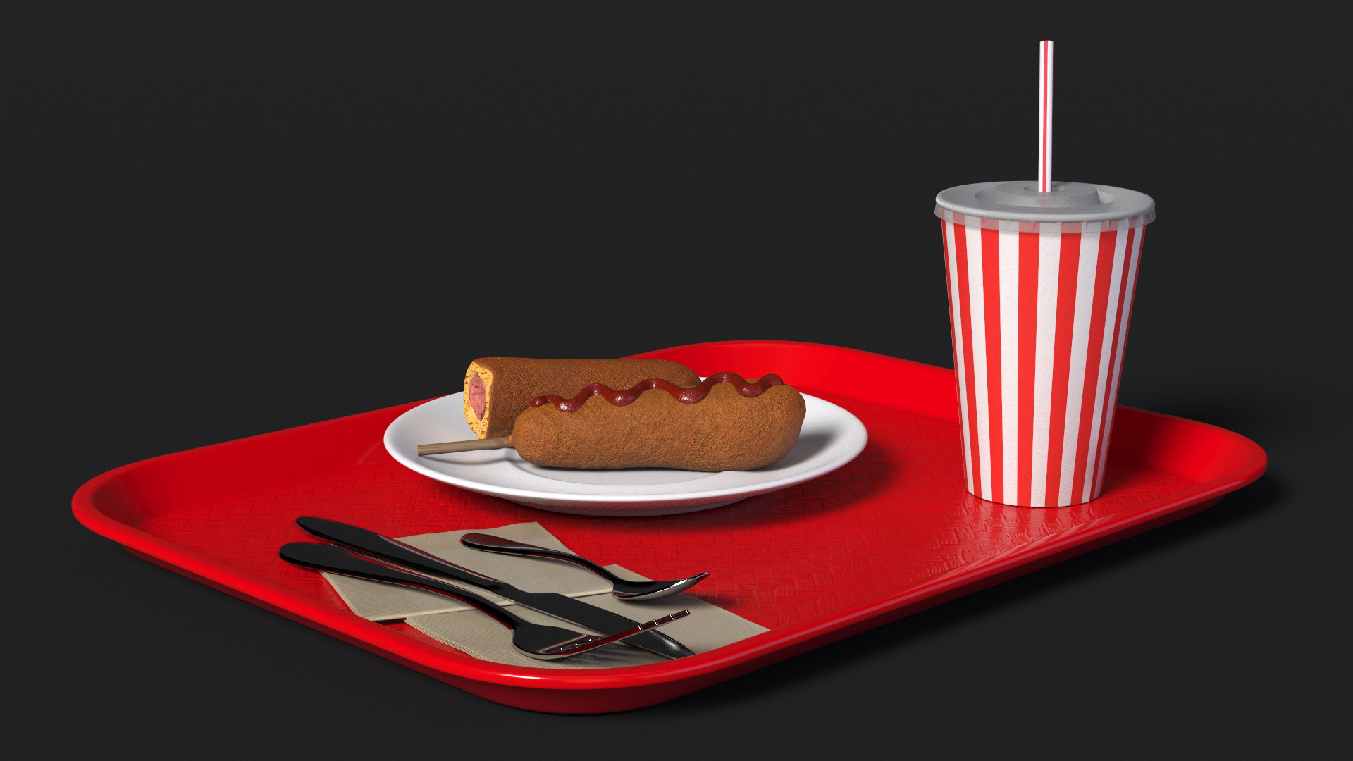 Fast Food Tray with Corn Dogs and Beverage 3D