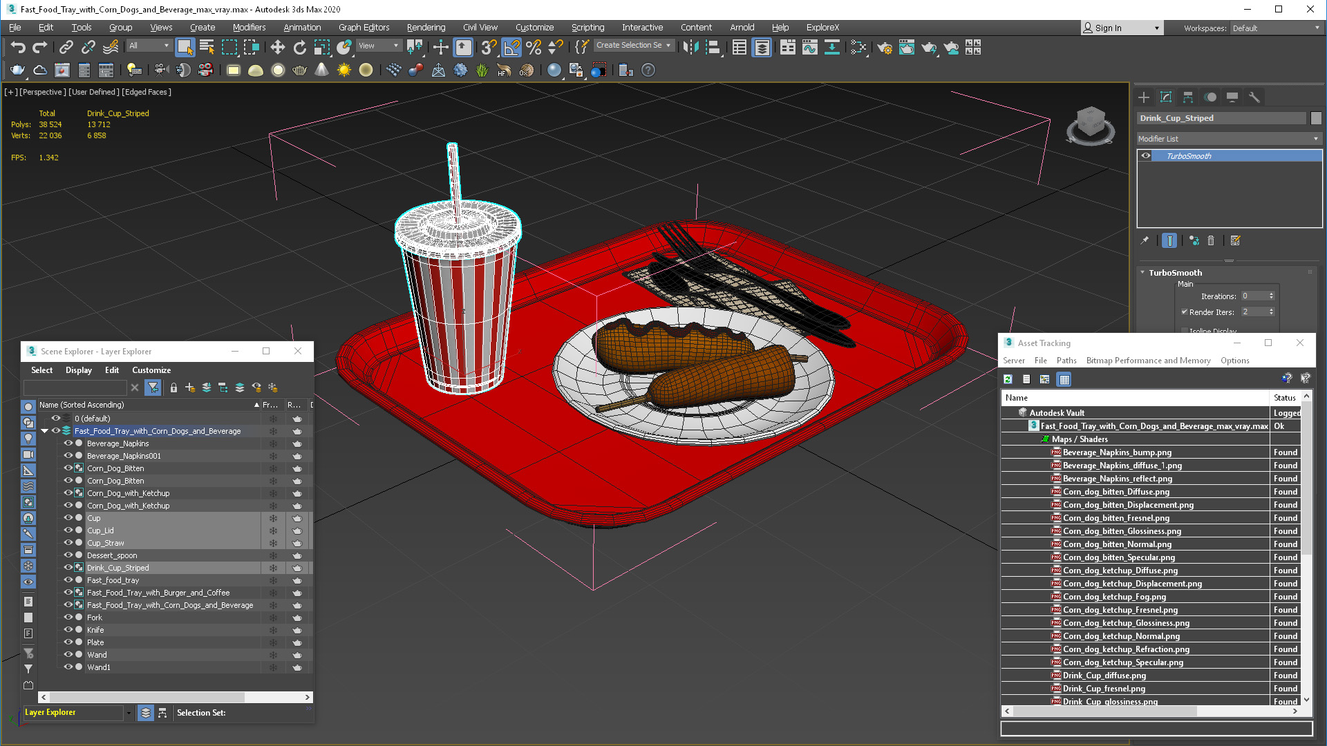 Fast Food Tray with Corn Dogs and Beverage 3D