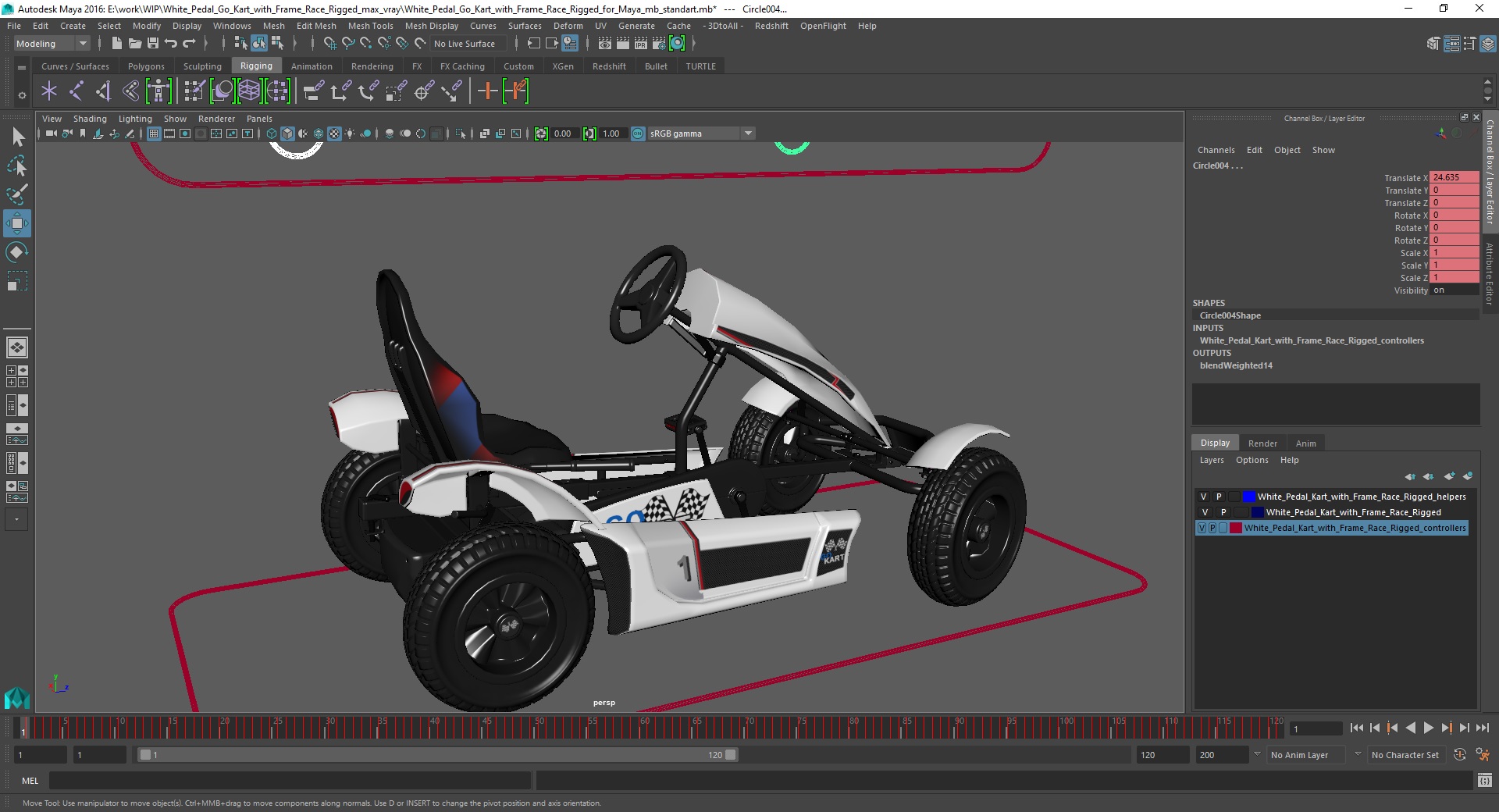 3D White Pedal Go Kart with Frame Race Rigged for Maya