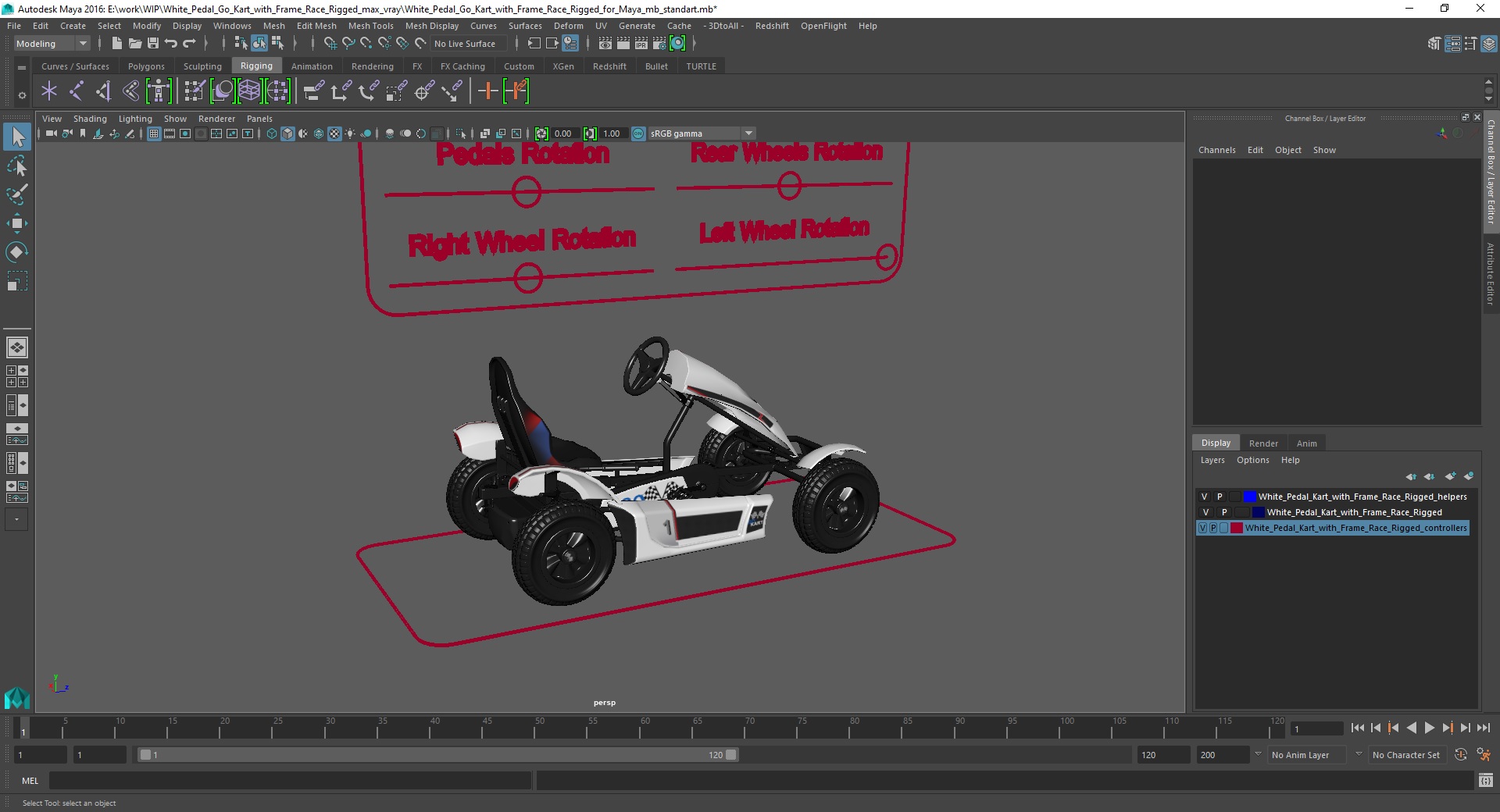 3D White Pedal Go Kart with Frame Race Rigged for Maya