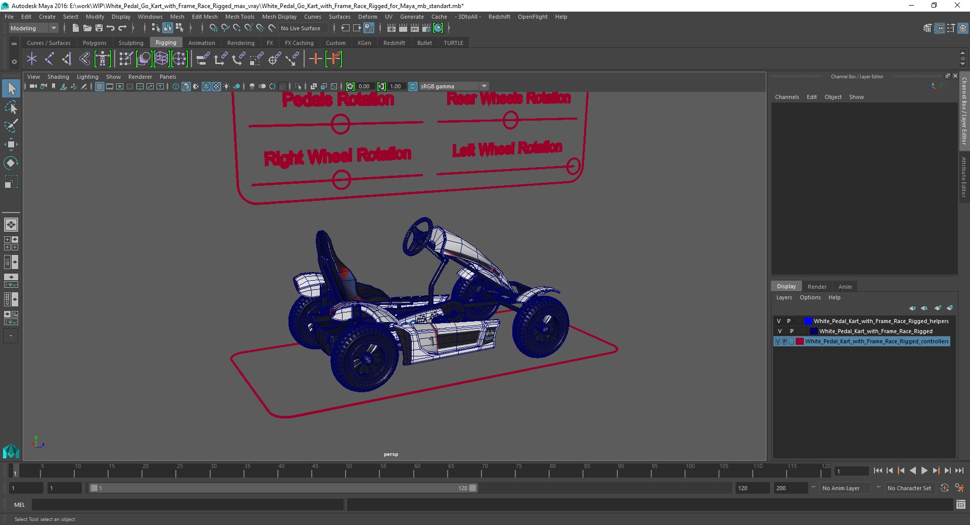 3D White Pedal Go Kart with Frame Race Rigged for Maya