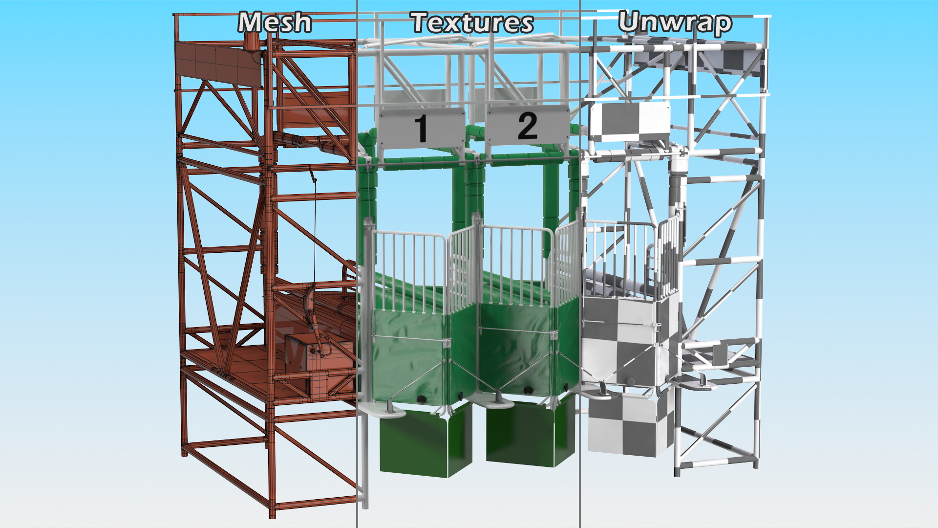 3D model Horse Starting Gates for 3 Places Rigged