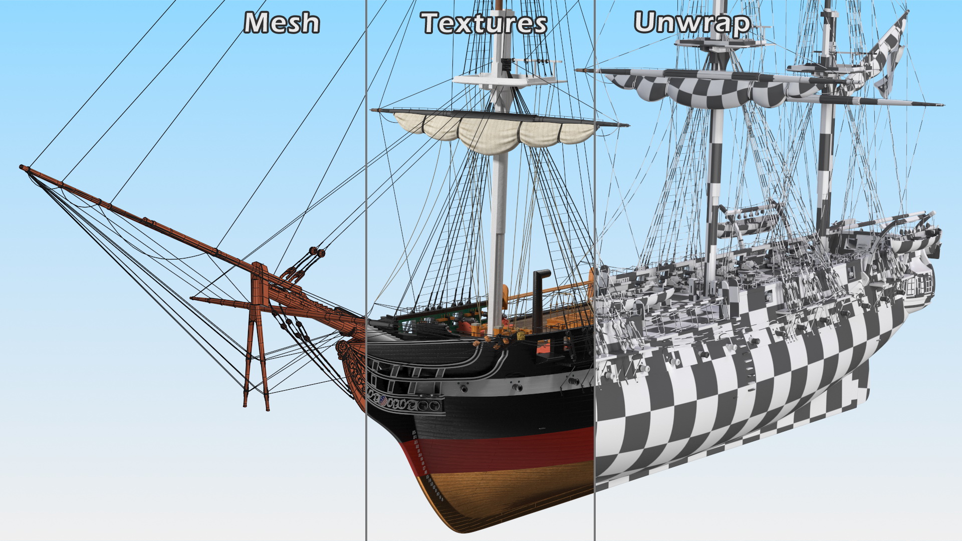 3D USS Constitution Heavy Frigate Retracted Sails