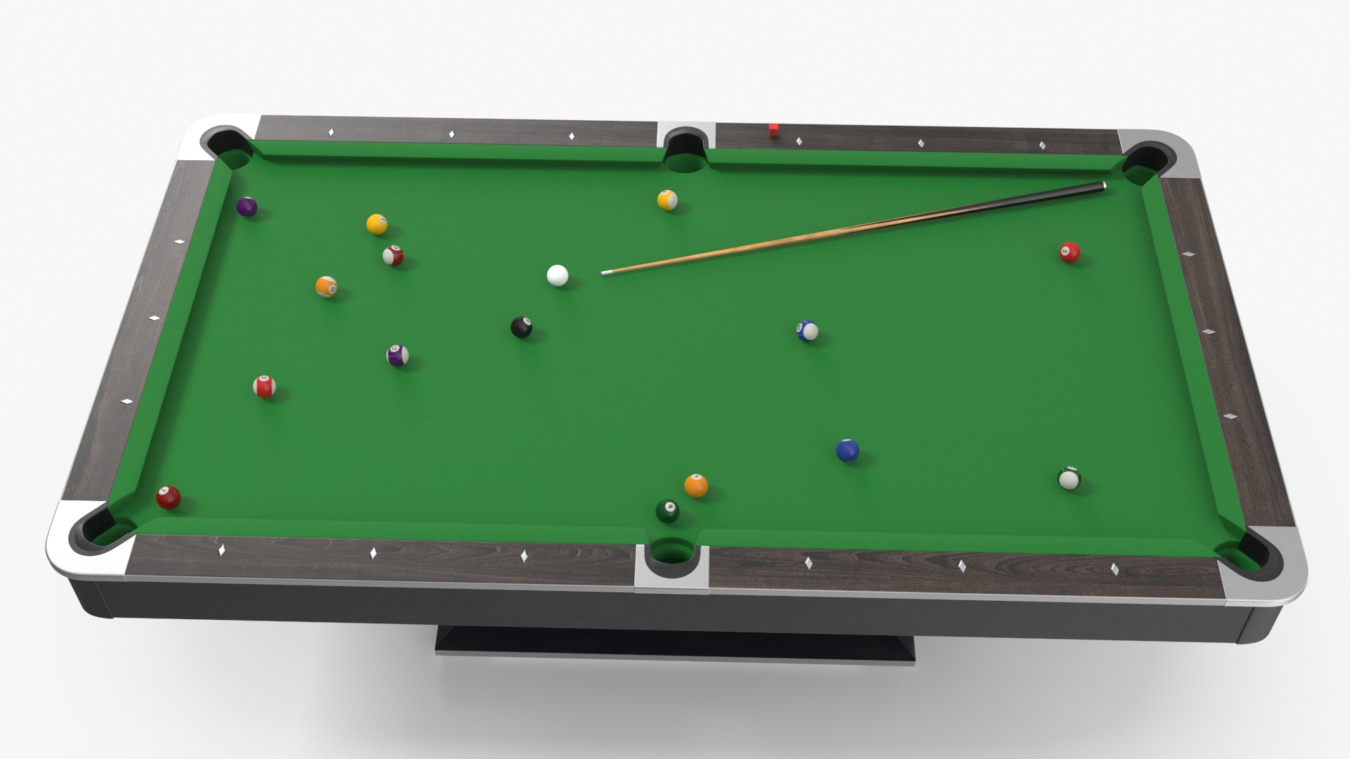 Professional American Pool Table Green with Balls and Cue 3D