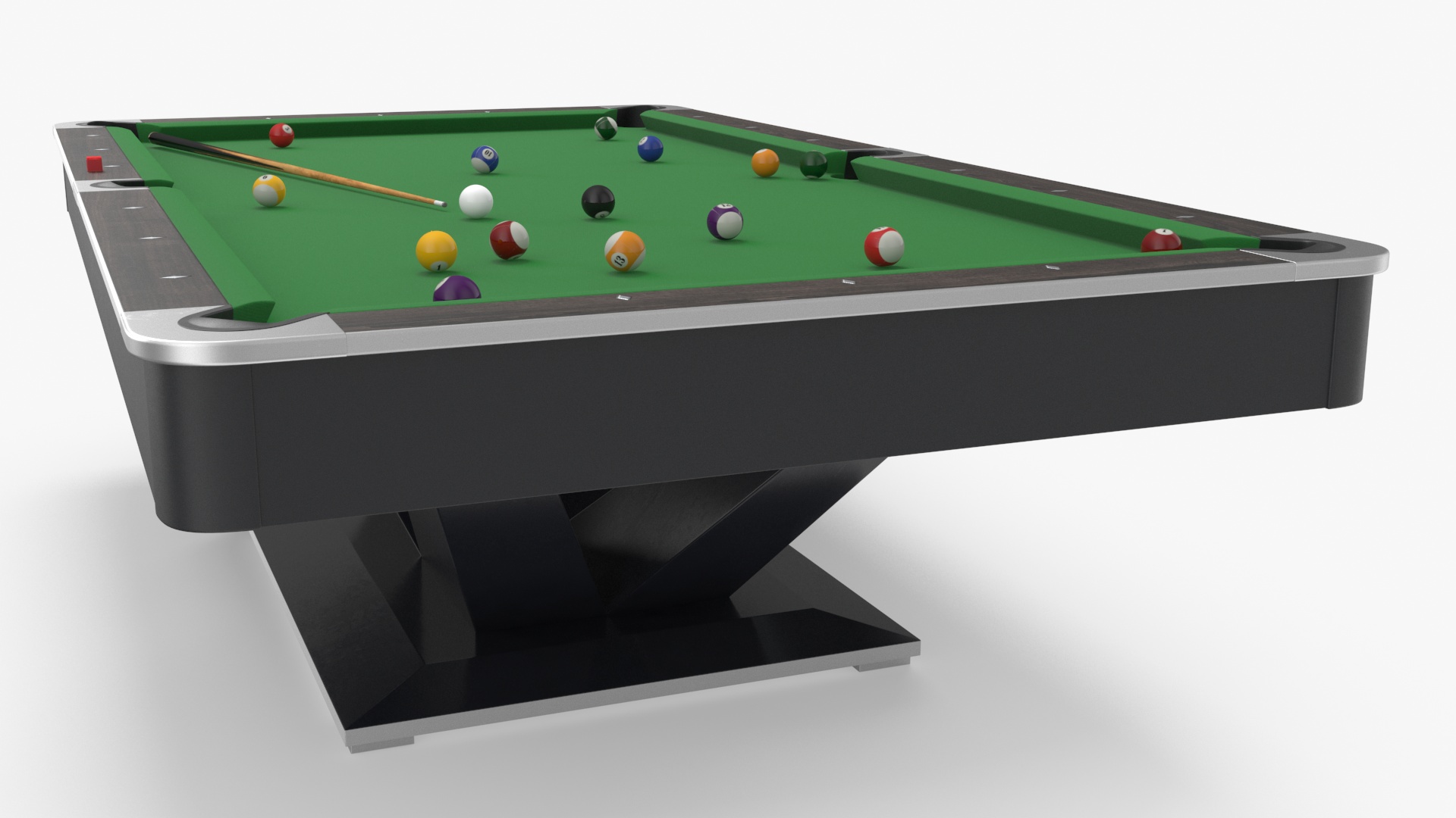 Professional American Pool Table Green with Balls and Cue 3D