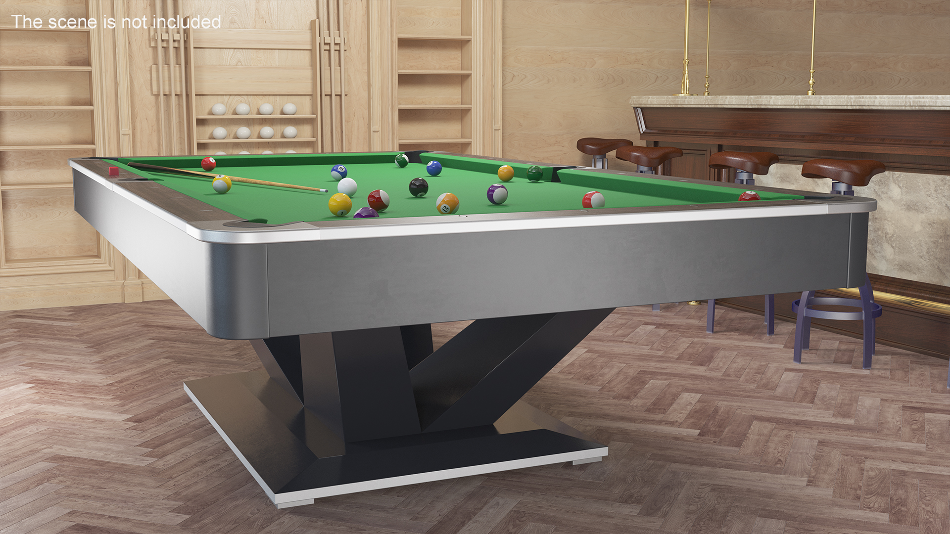 Professional American Pool Table Green with Balls and Cue 3D