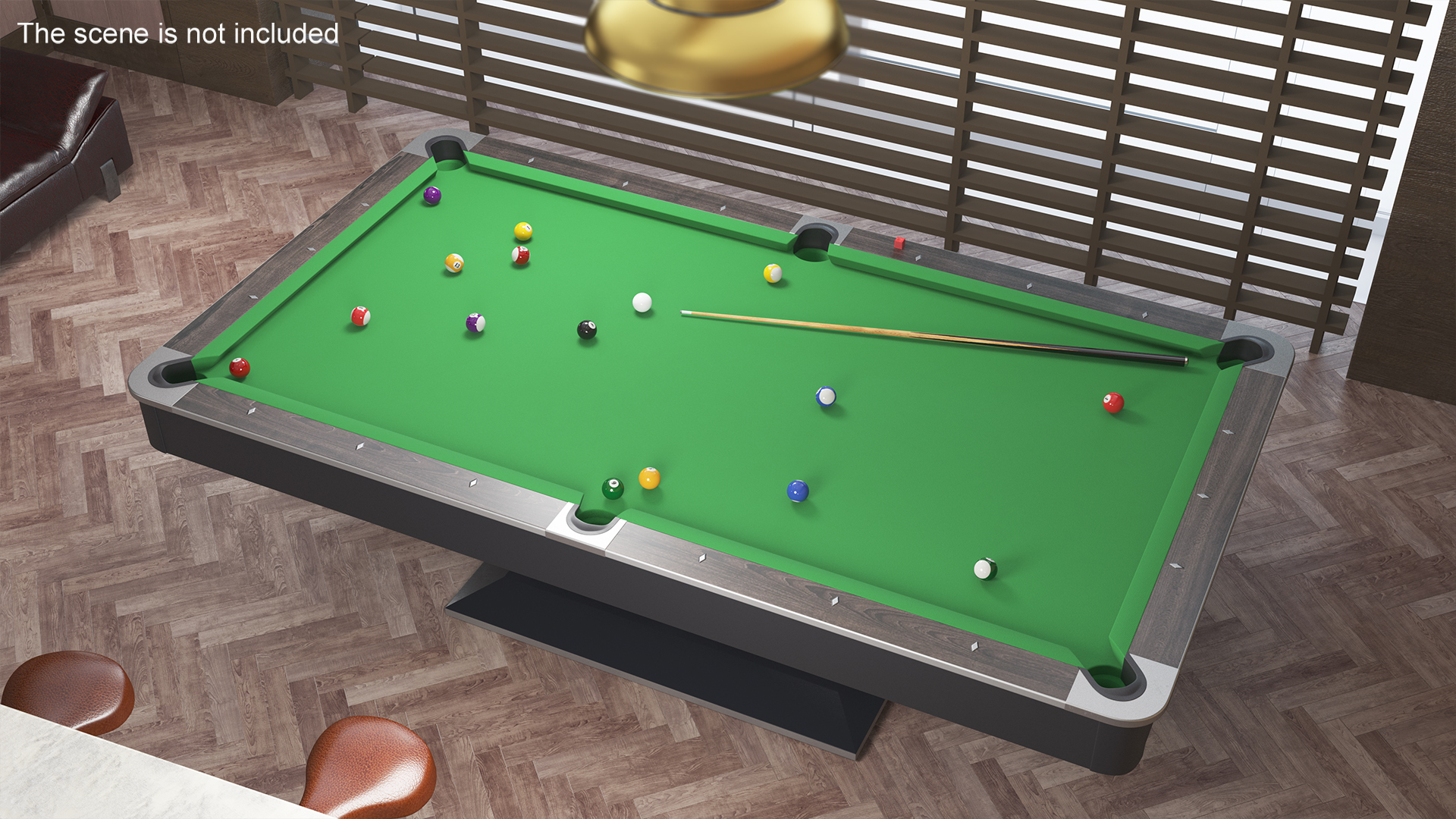 Professional American Pool Table Green with Balls and Cue 3D