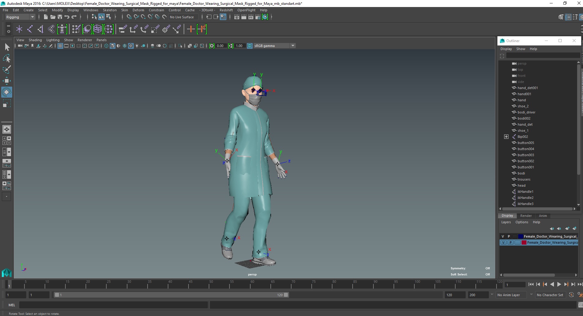 3D Female Doctor Wearing Surgical Mask Rigged for Maya