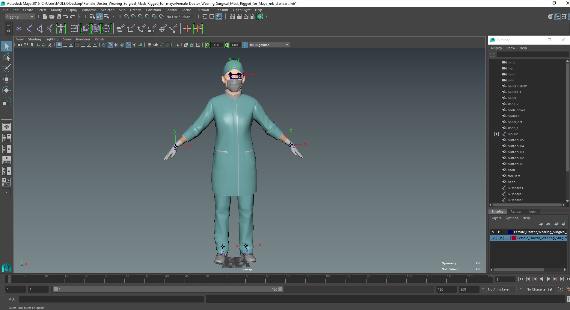 3D Female Doctor Wearing Surgical Mask Rigged for Maya