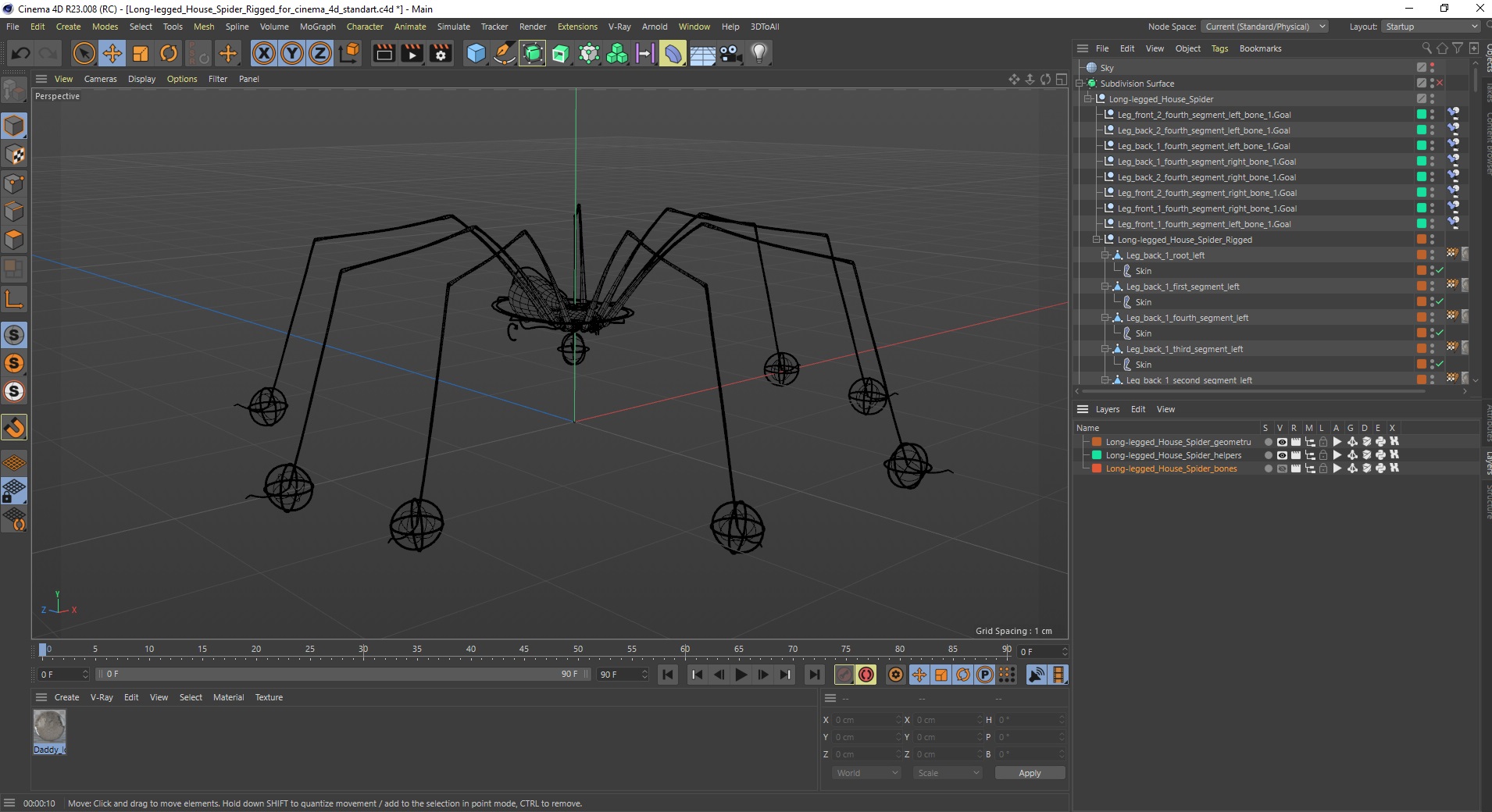3D model Long-legged House Spider Rigged for Cinema 4D