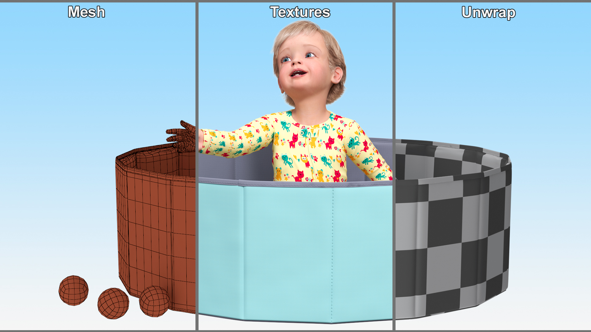 3D Baby Boy in a Folding Dry Pool with Balls