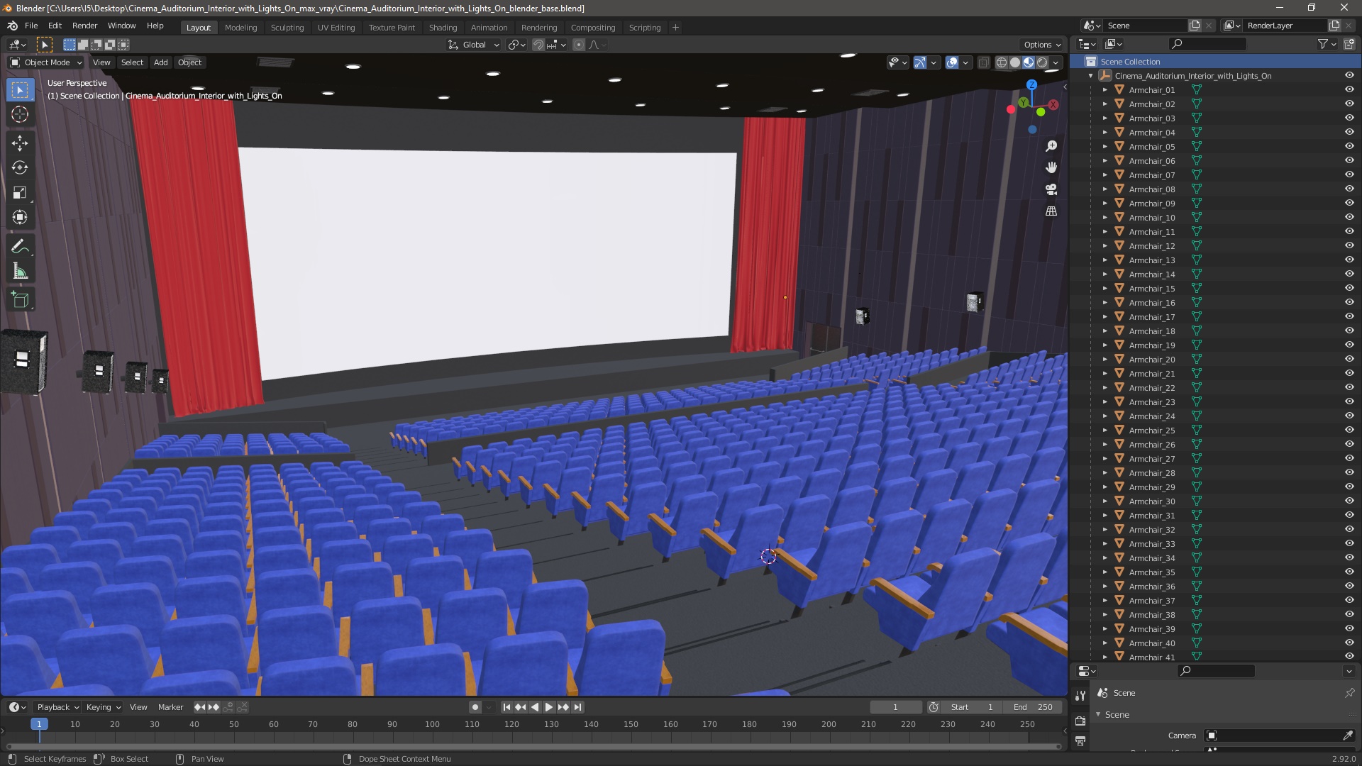 3D Cinema Auditorium Interior with Lights On