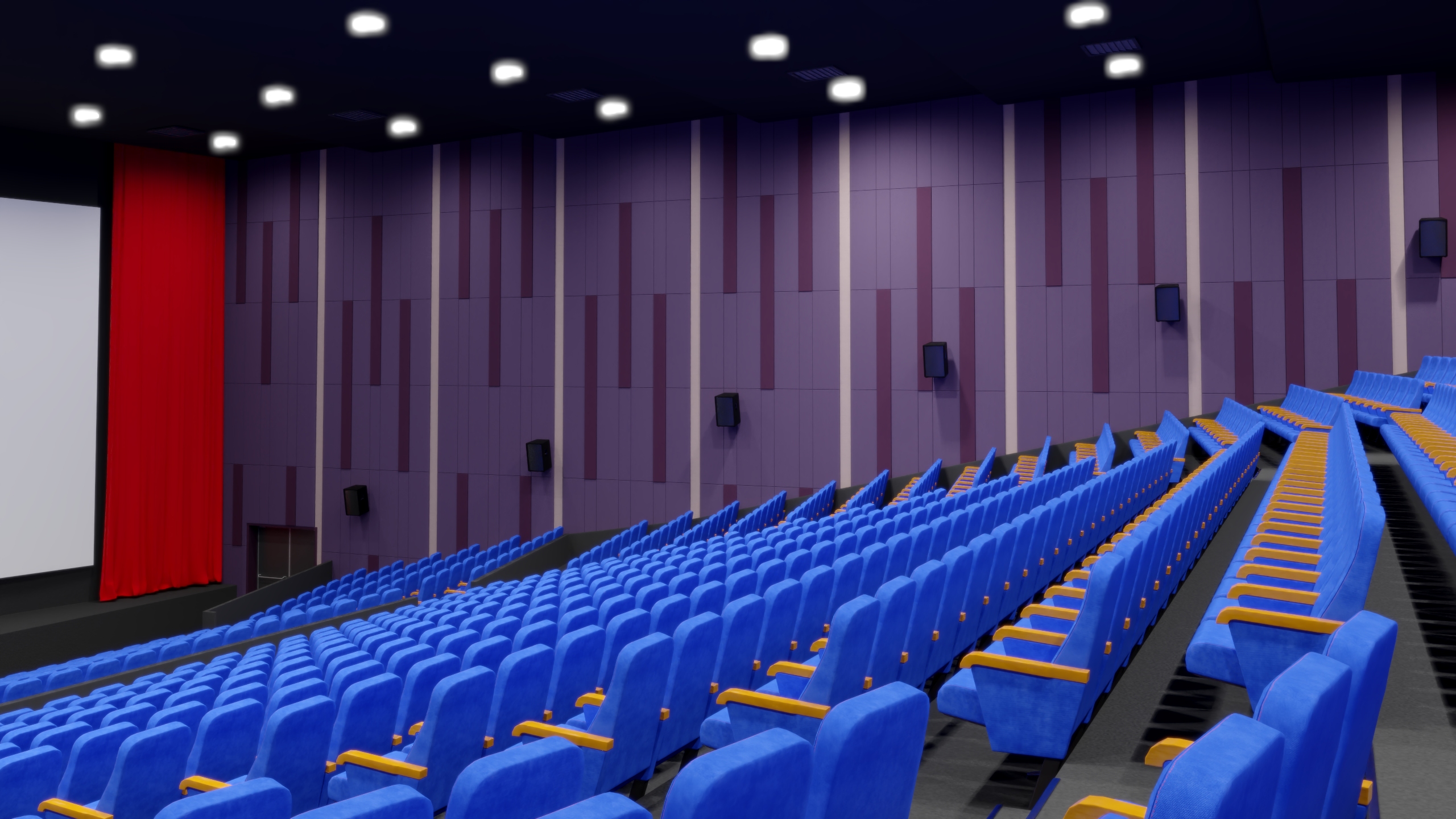 3D Cinema Auditorium Interior with Lights On