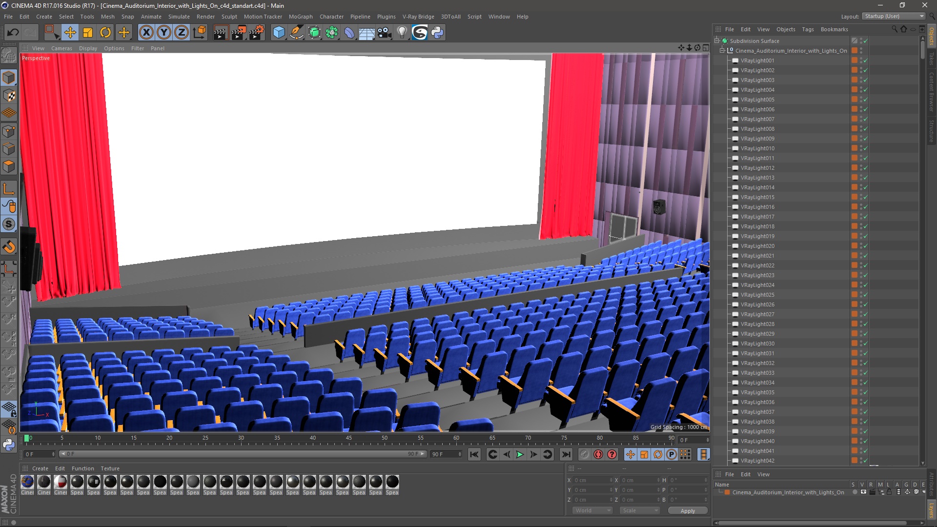 3D Cinema Auditorium Interior with Lights On