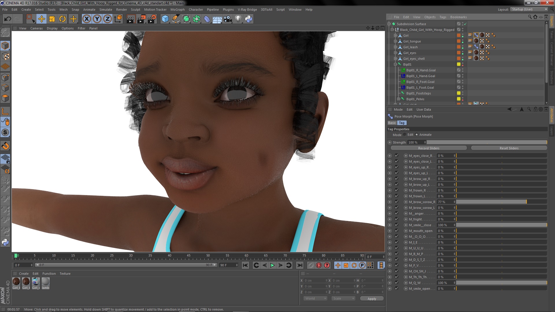Black Child Girl With Hoop Rigged for Cinema 4D 3D