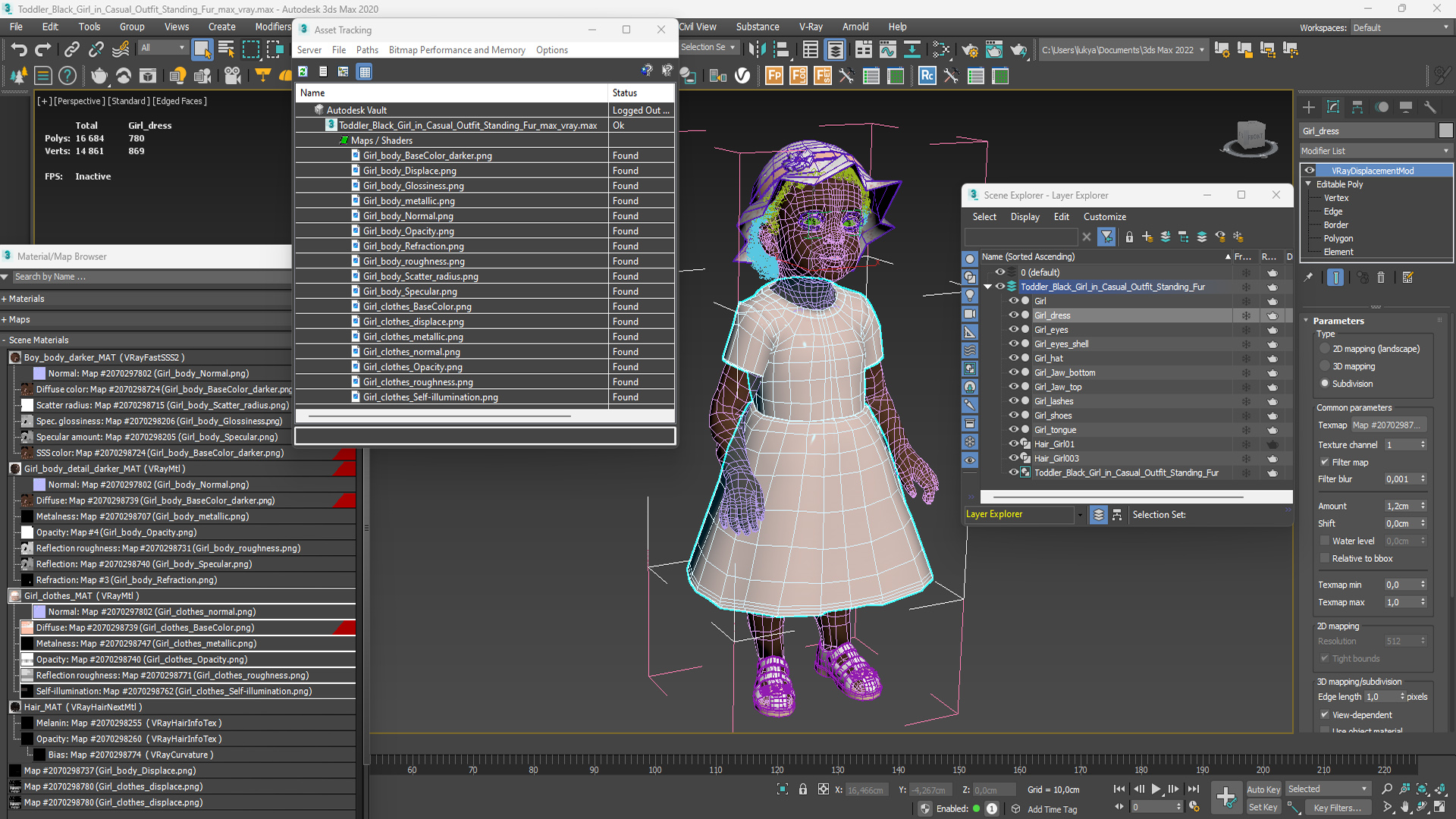 3D Toddler Black Girl in Casual Outfit Standing Fur model