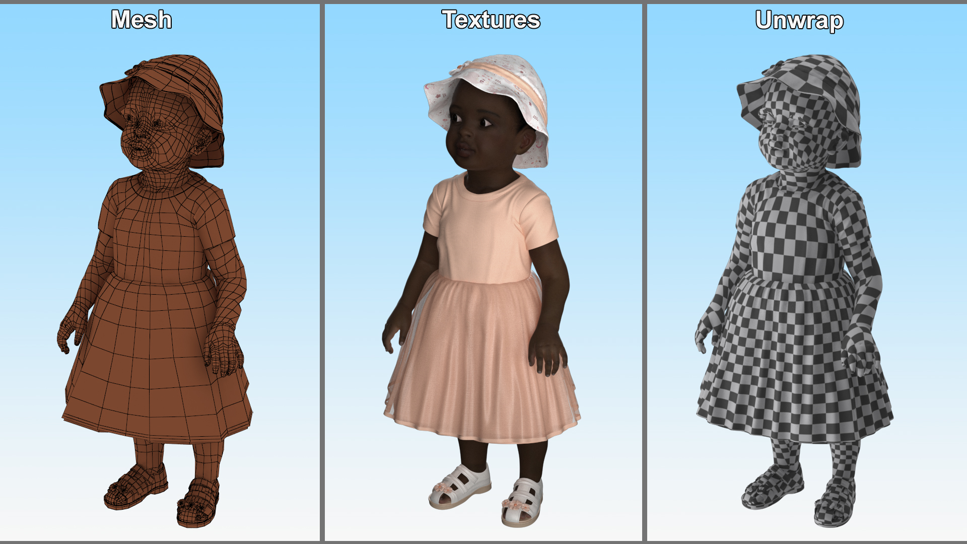 3D Toddler Black Girl in Casual Outfit Standing Fur model
