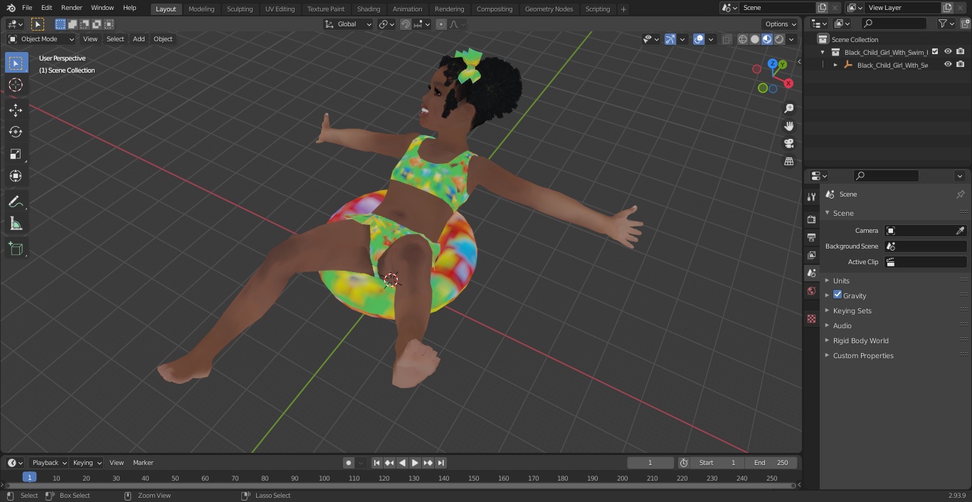 3D Black Child Girl With Swim Ring