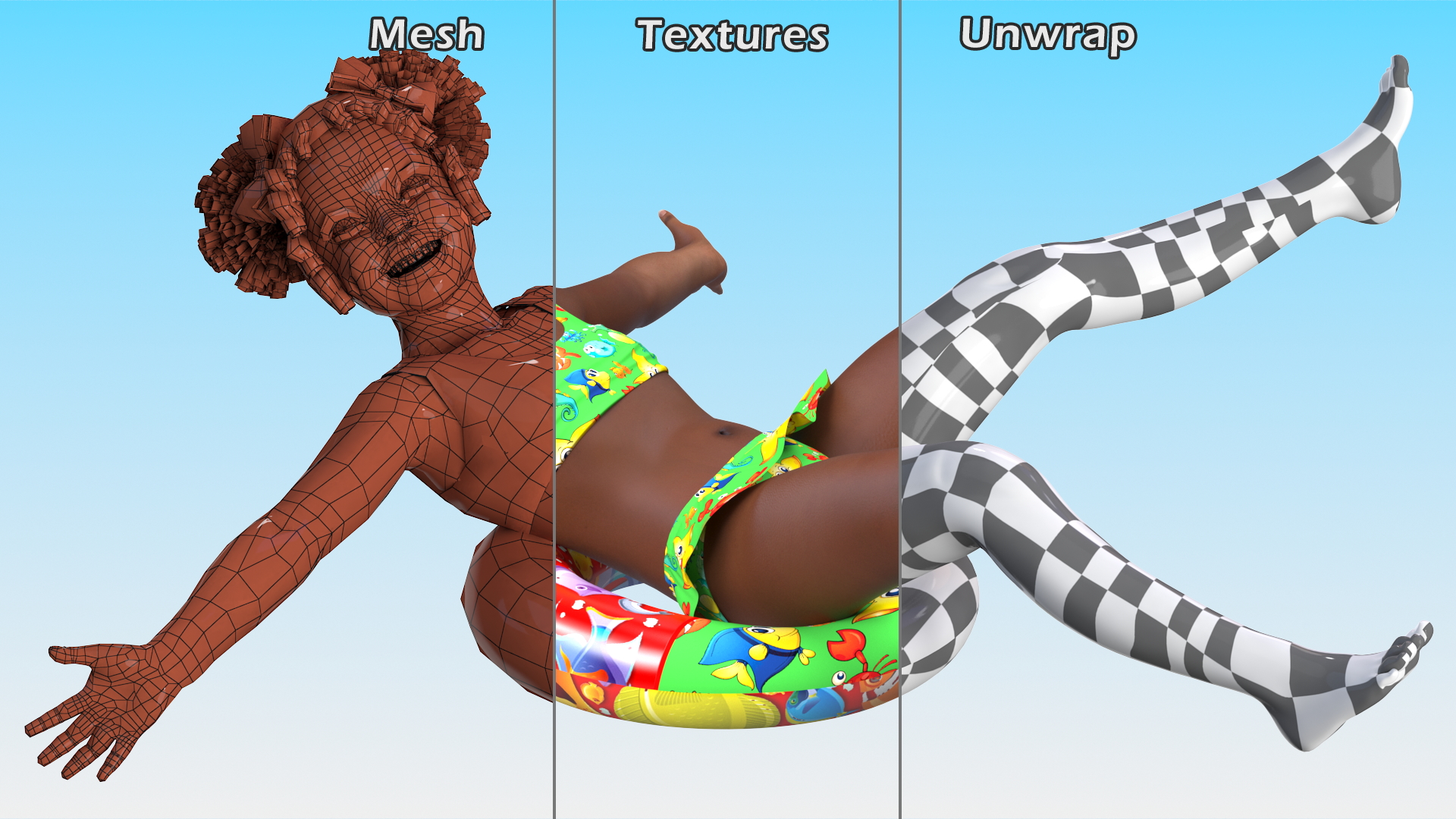 3D Black Child Girl With Swim Ring