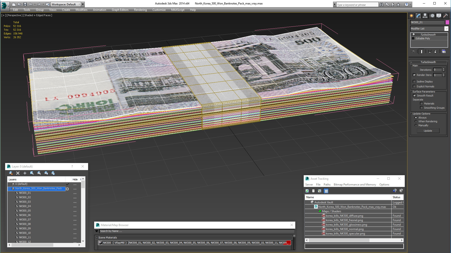 North Korea 500 Won Banknotes Pack 3D model
