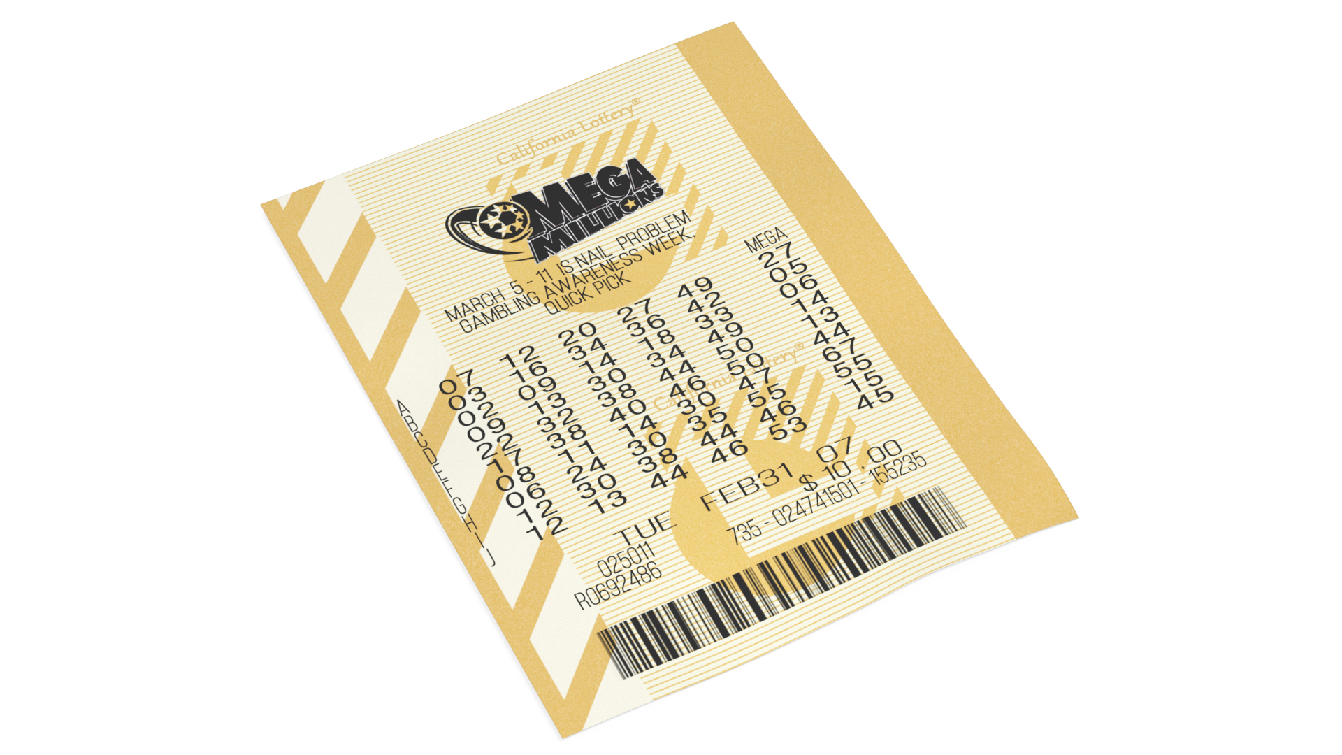 Plain Ticket of Mega Millions Lottery 3D