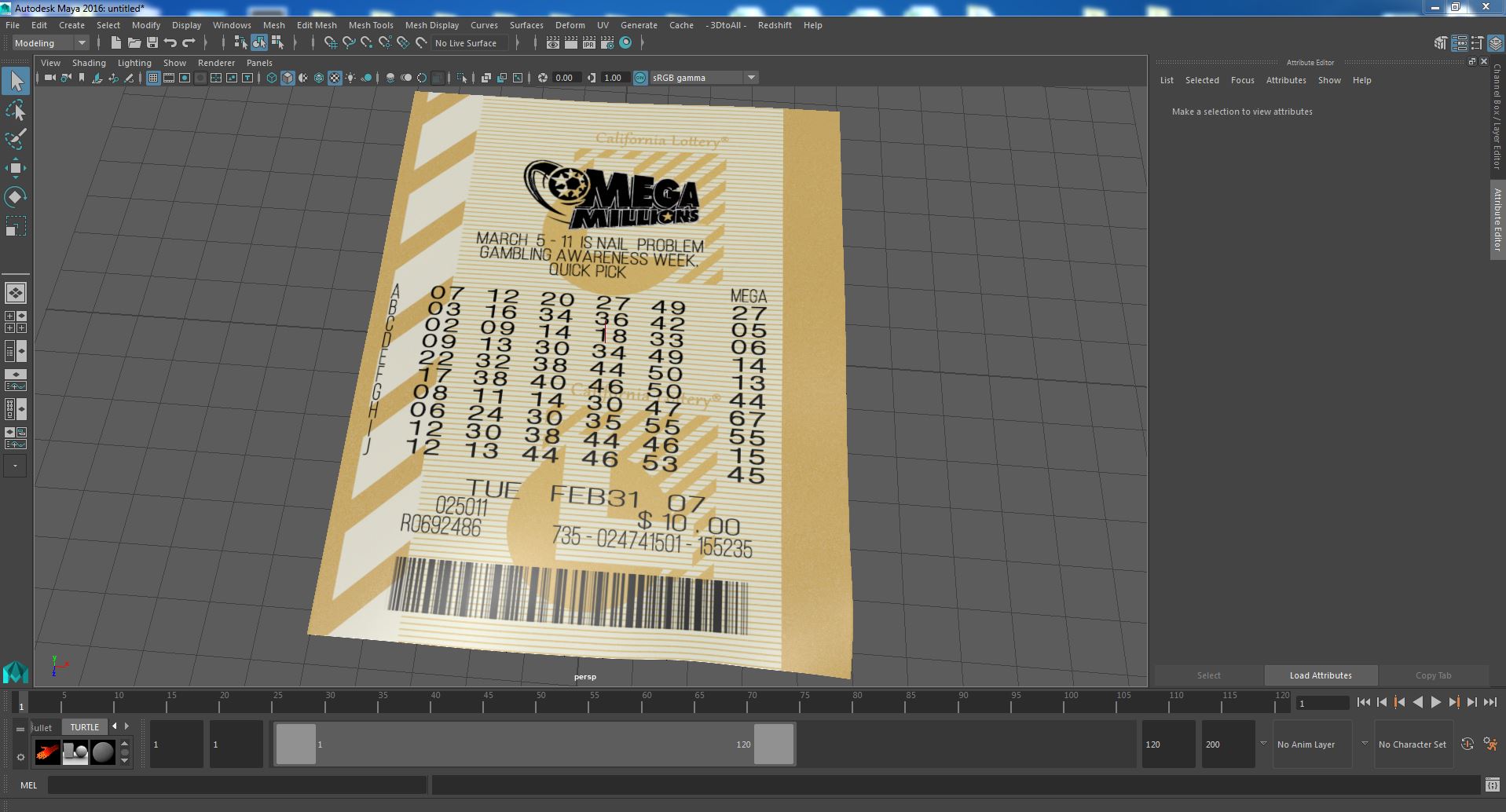 Plain Ticket of Mega Millions Lottery 3D