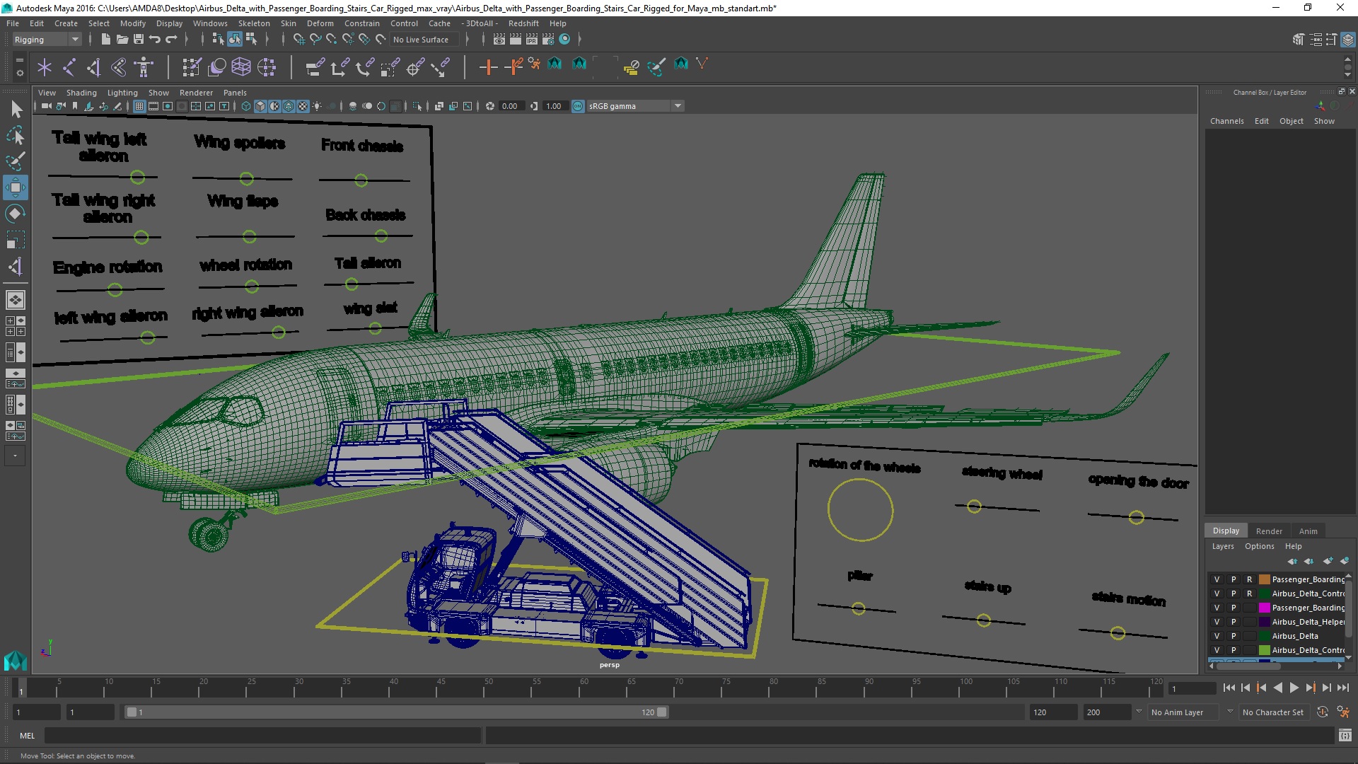 3D Airbus Delta with Passenger Boarding Stairs Car Rigged for Maya model