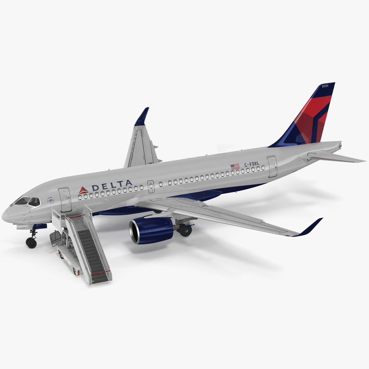 3D Airbus Delta with Passenger Boarding Stairs Car Rigged for Maya model