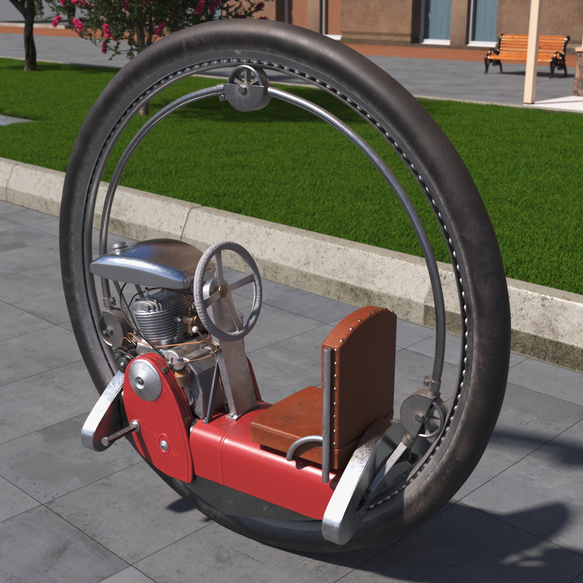 Vintage Single Wheel Vehicle Red Used Rigged 3D model