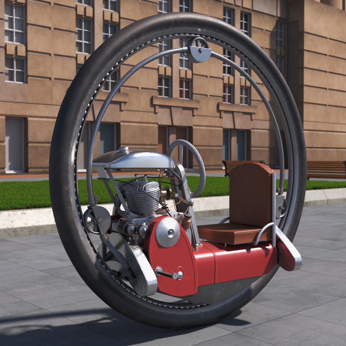 Vintage Single Wheel Vehicle Red Used Rigged 3D model