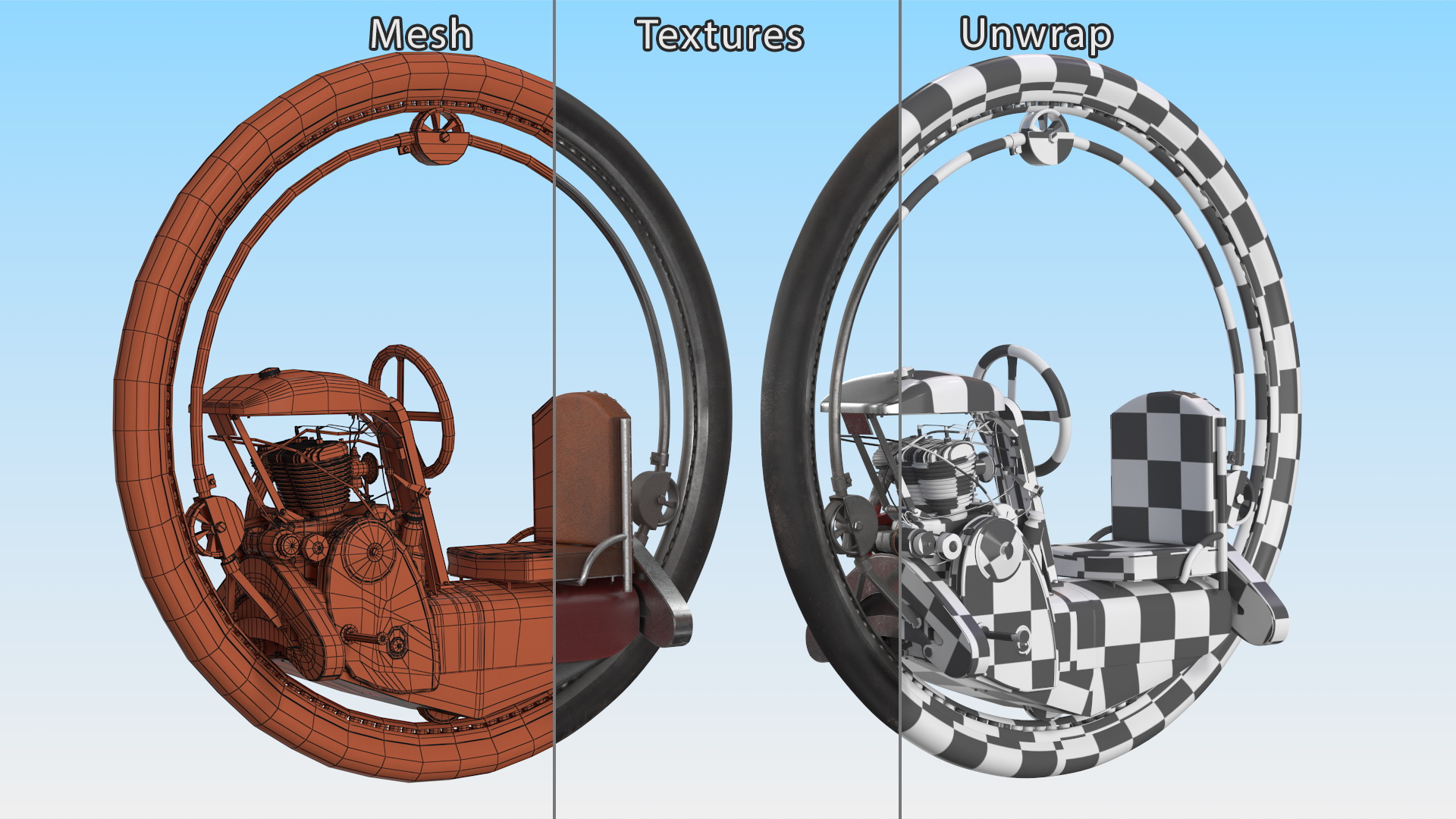 Vintage Single Wheel Vehicle Red Used Rigged 3D model