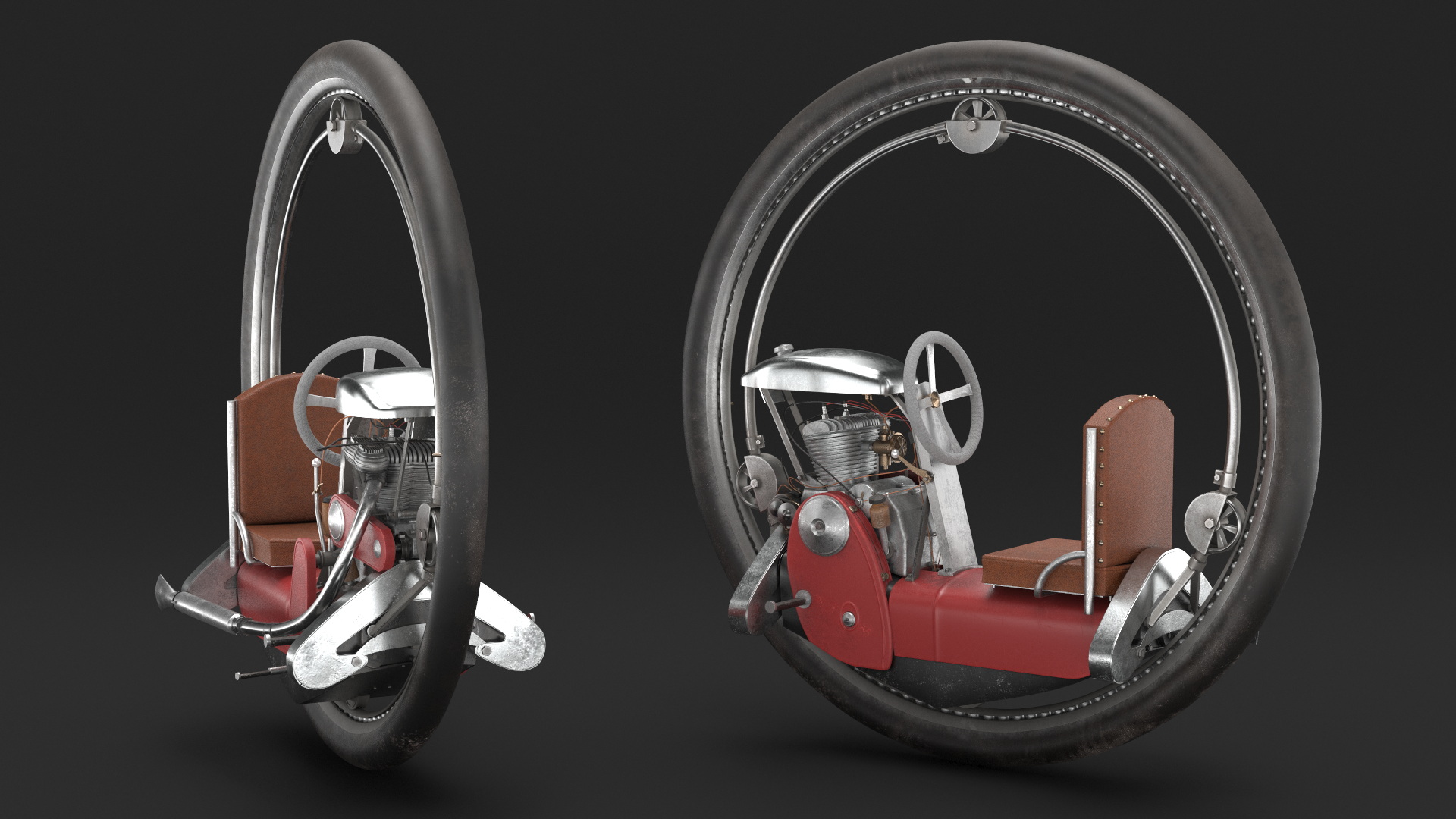 Vintage Single Wheel Vehicle Red Used Rigged 3D model