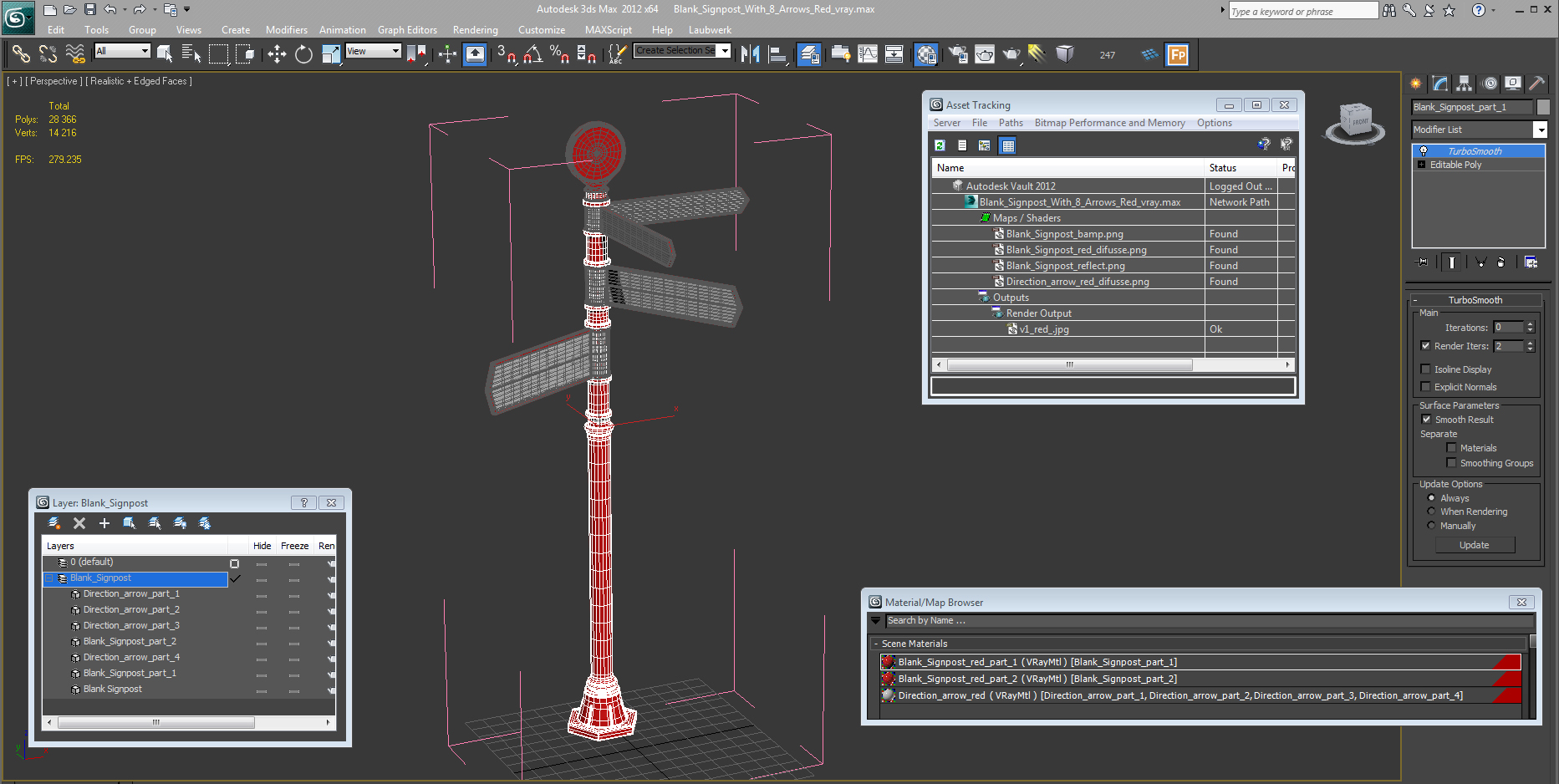 Blank Signpost With 4 Arrows Red 3D
