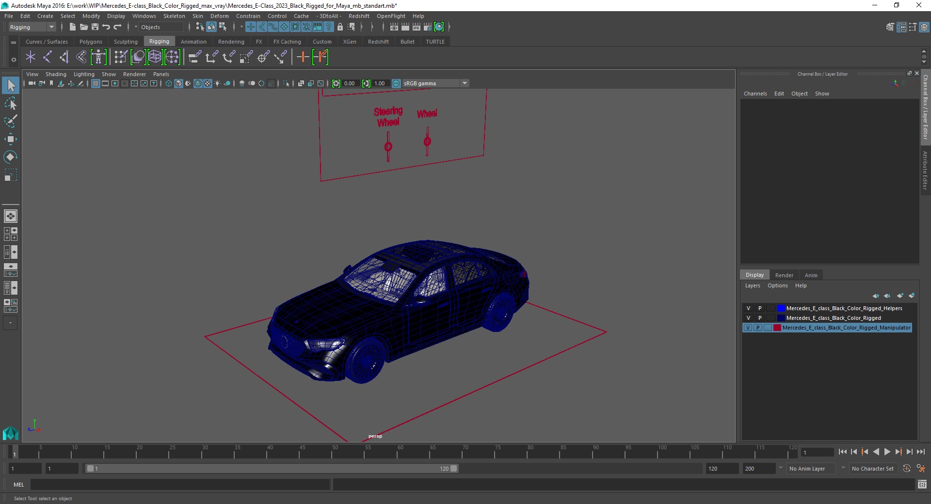 Mercedes E-class Black Color Rigged for Maya 3D model
