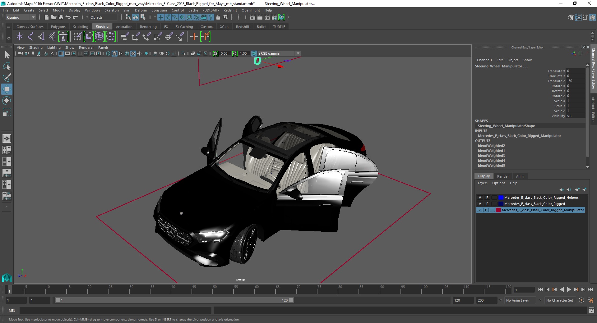 Mercedes E-class Black Color Rigged for Maya 3D model