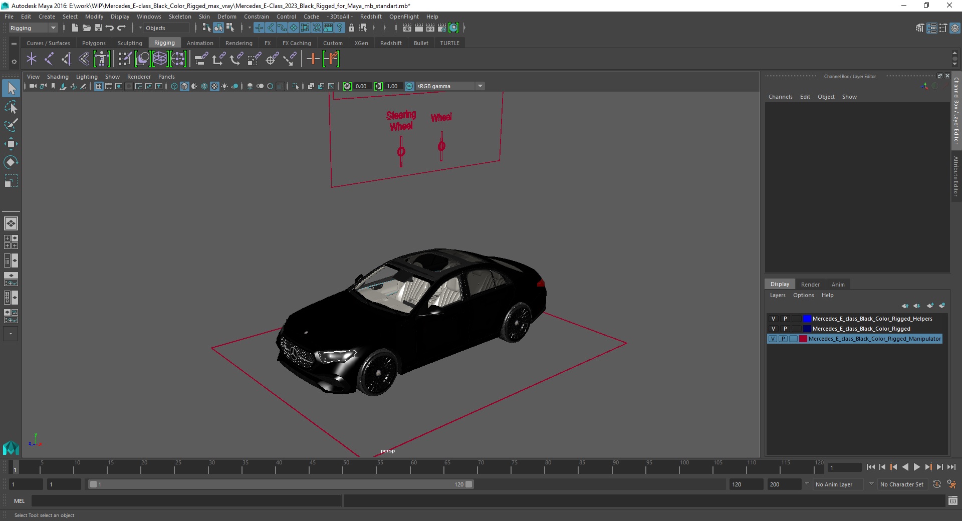 Mercedes E-class Black Color Rigged for Maya 3D model