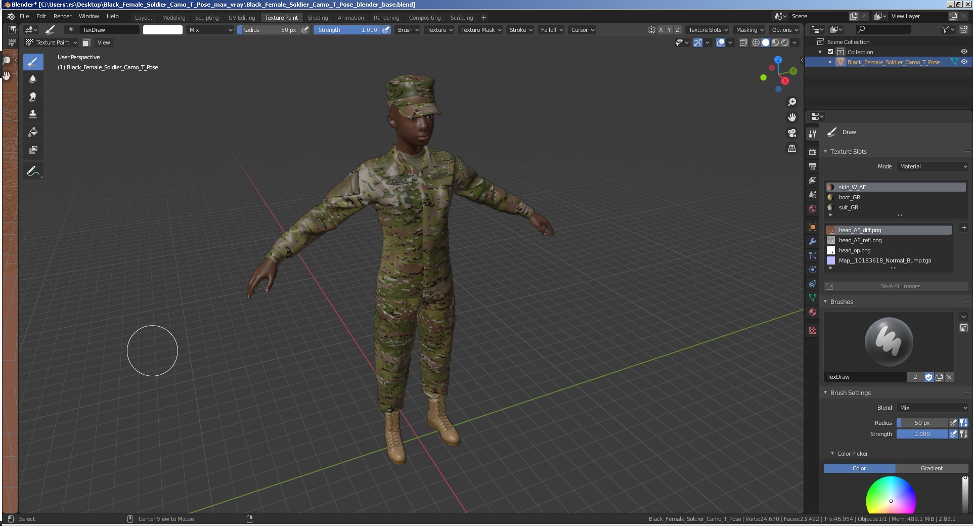 Black Female Soldier Camo T Pose 3D
