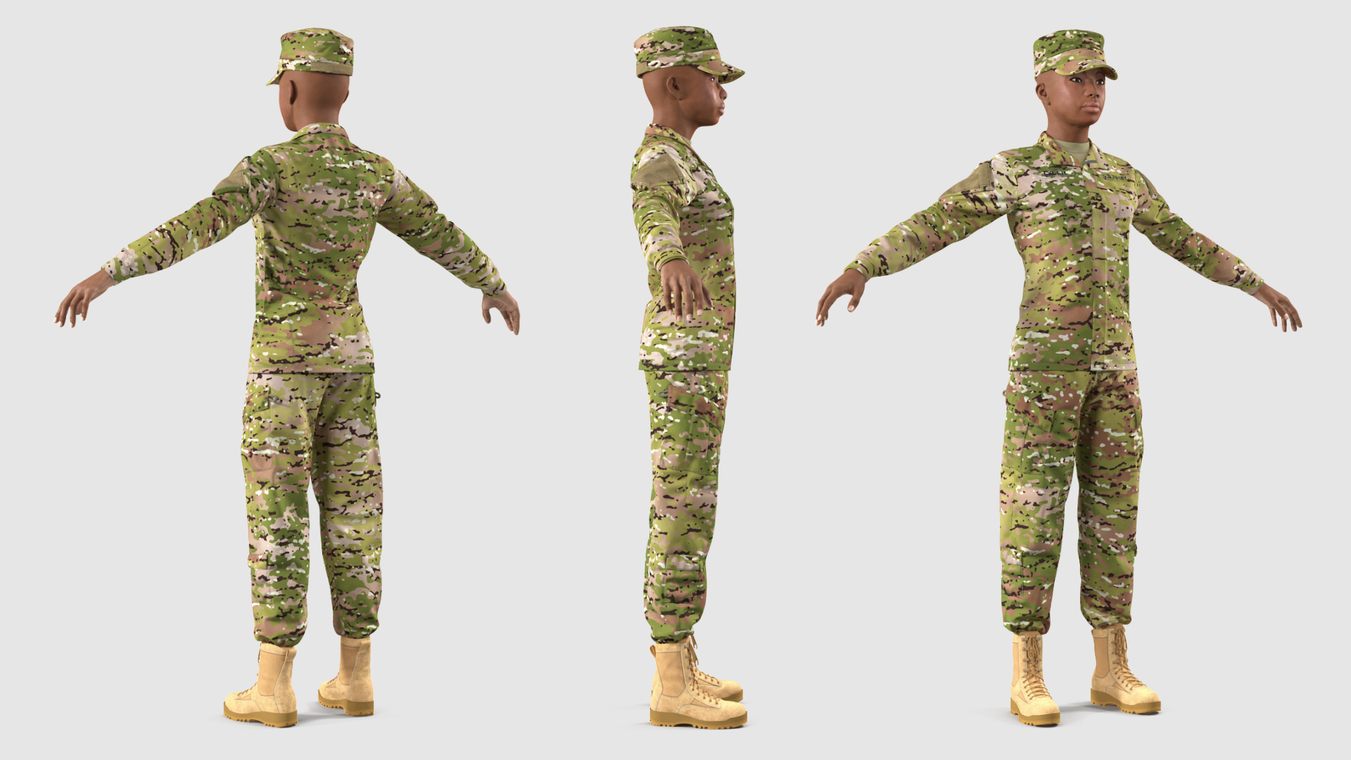 Black Female Soldier Camo T Pose 3D